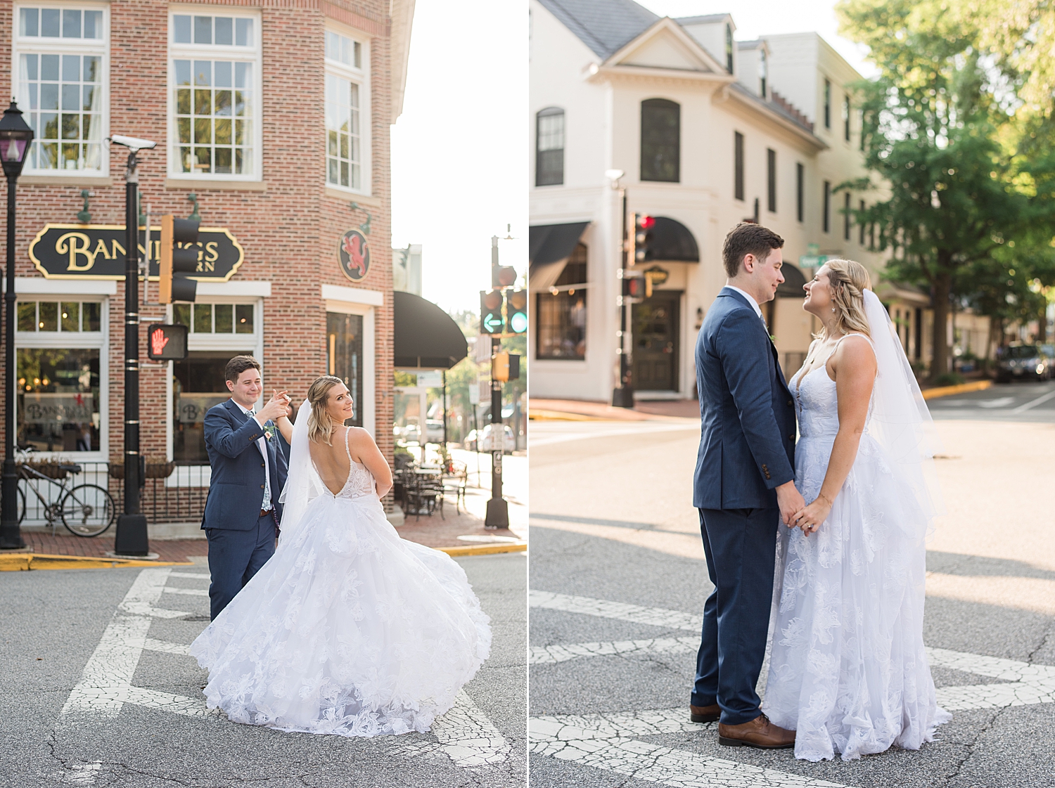 bride and groom portrait in street easton, md