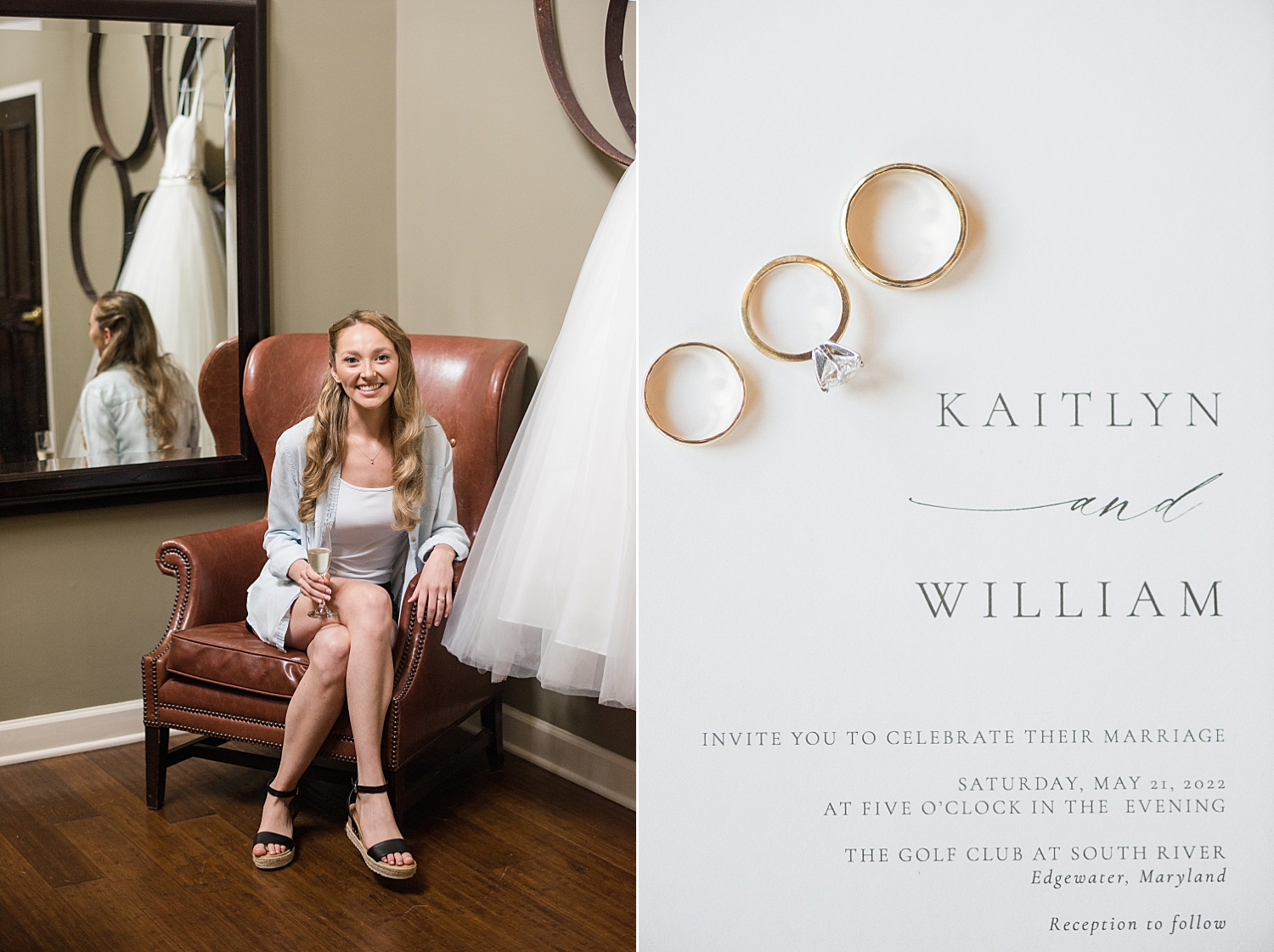 bride getting ready in robe; rings on invitations