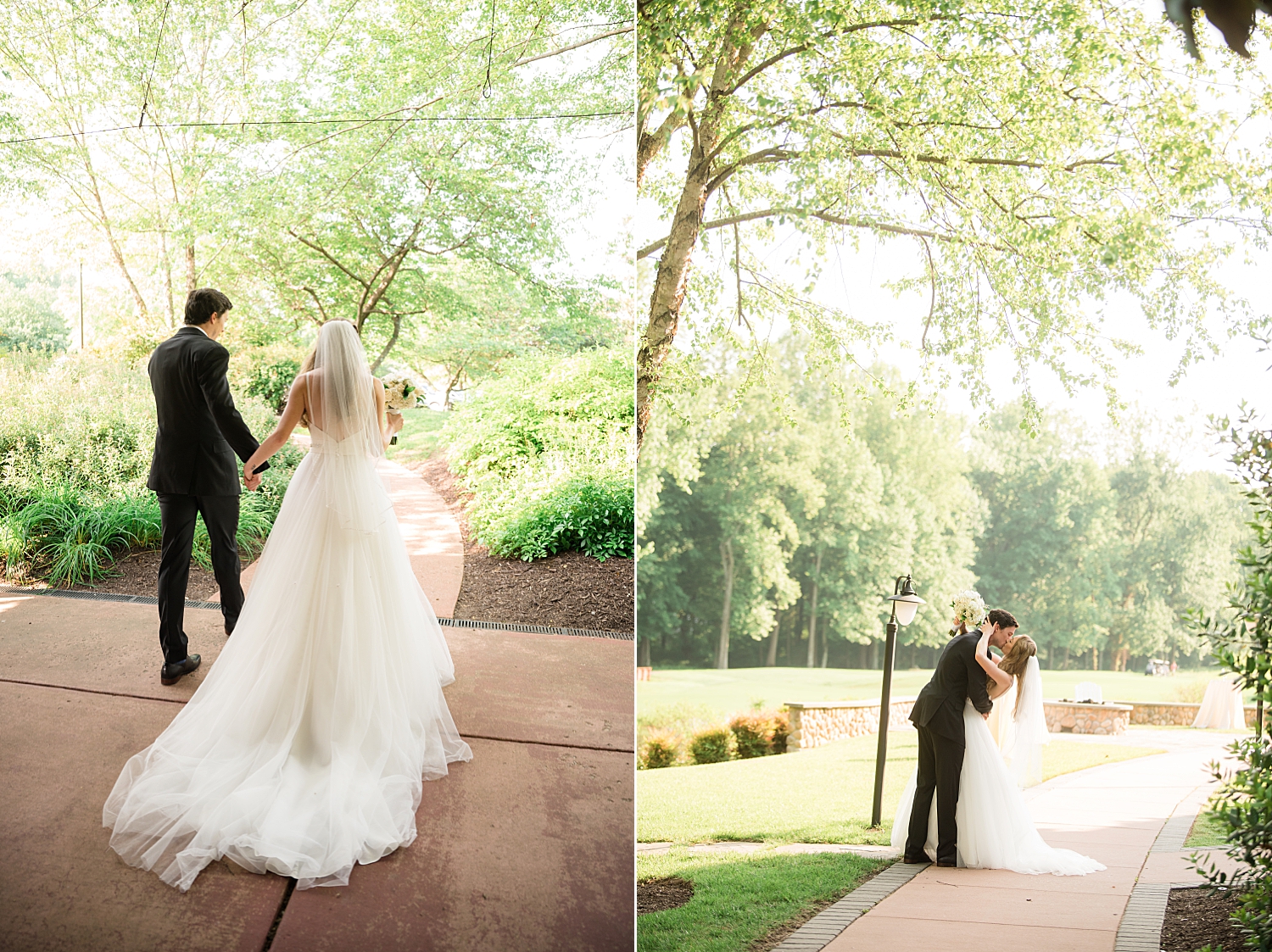 bride and groom exit ceremony; kiss on walkway