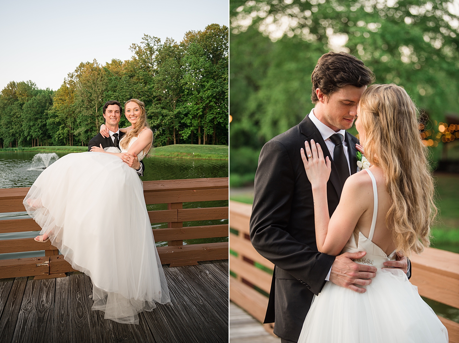 couple portrait on bridge with golf club in the background