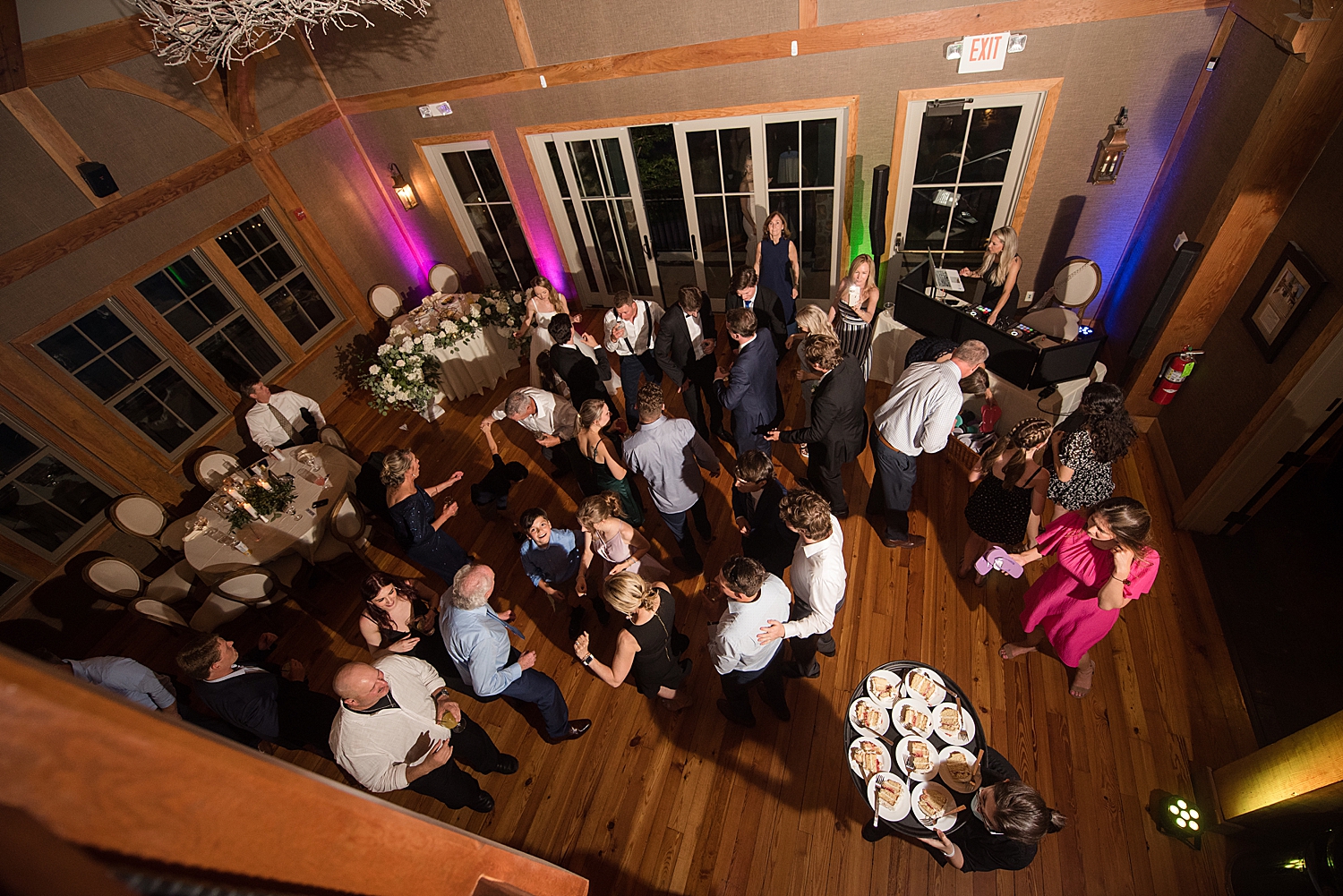 guests dancing at reception, taken from loft