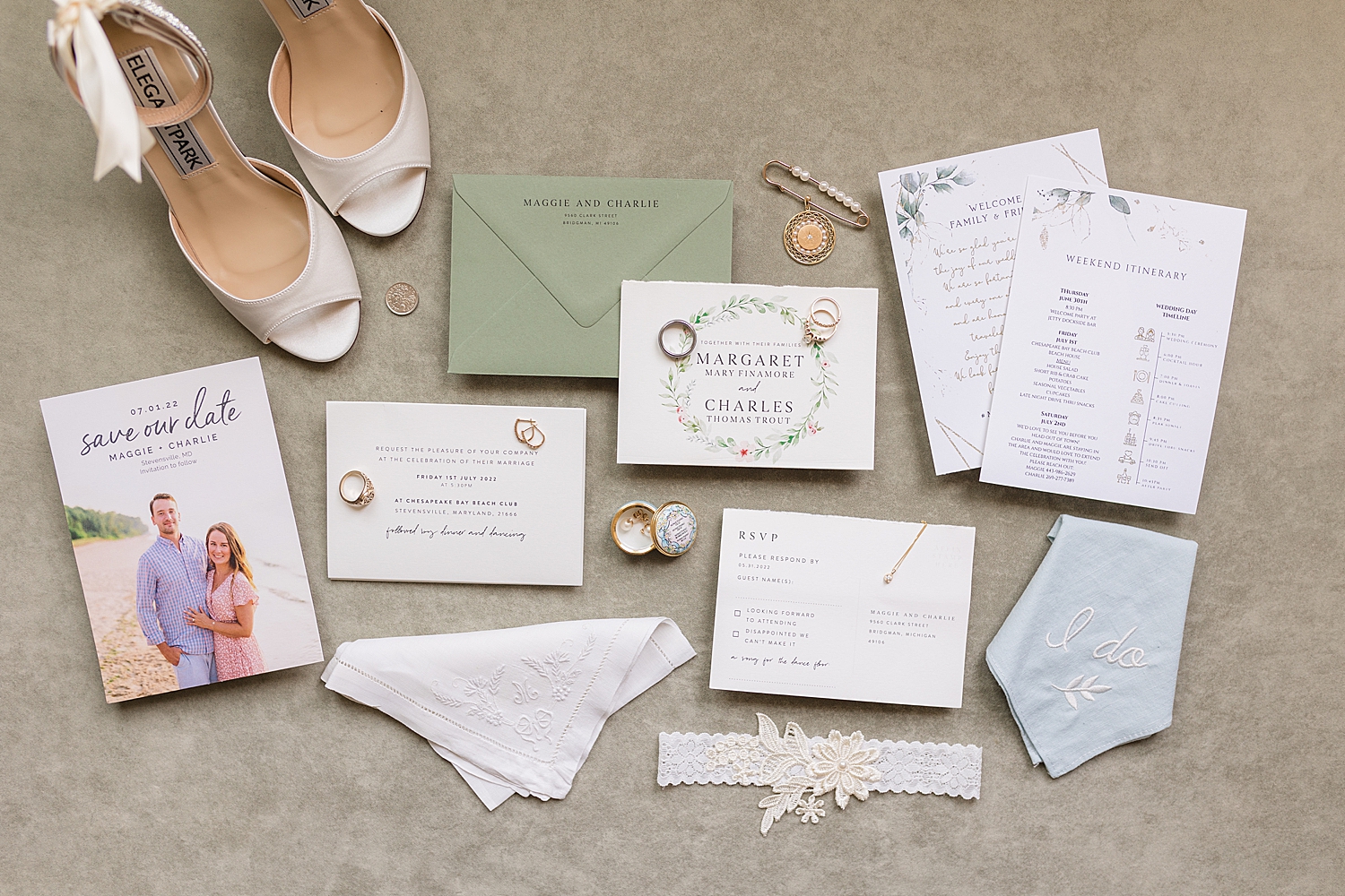 wedding flat lay invitation suite sage and ivory