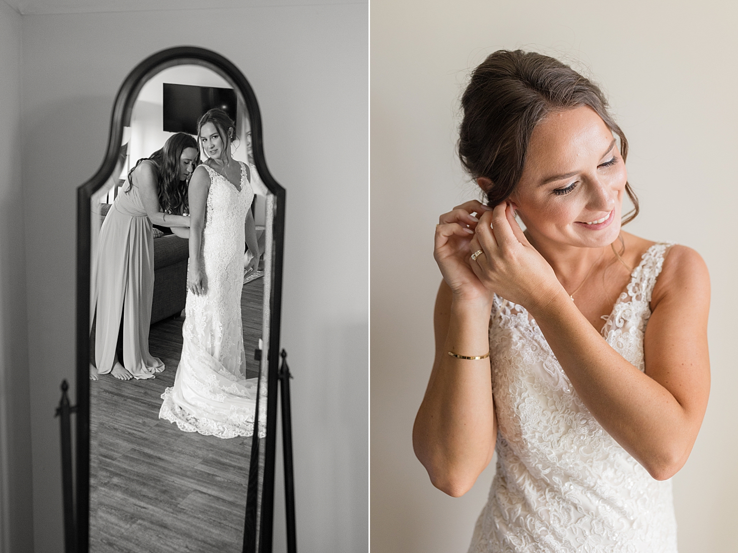 bride putting in earrings