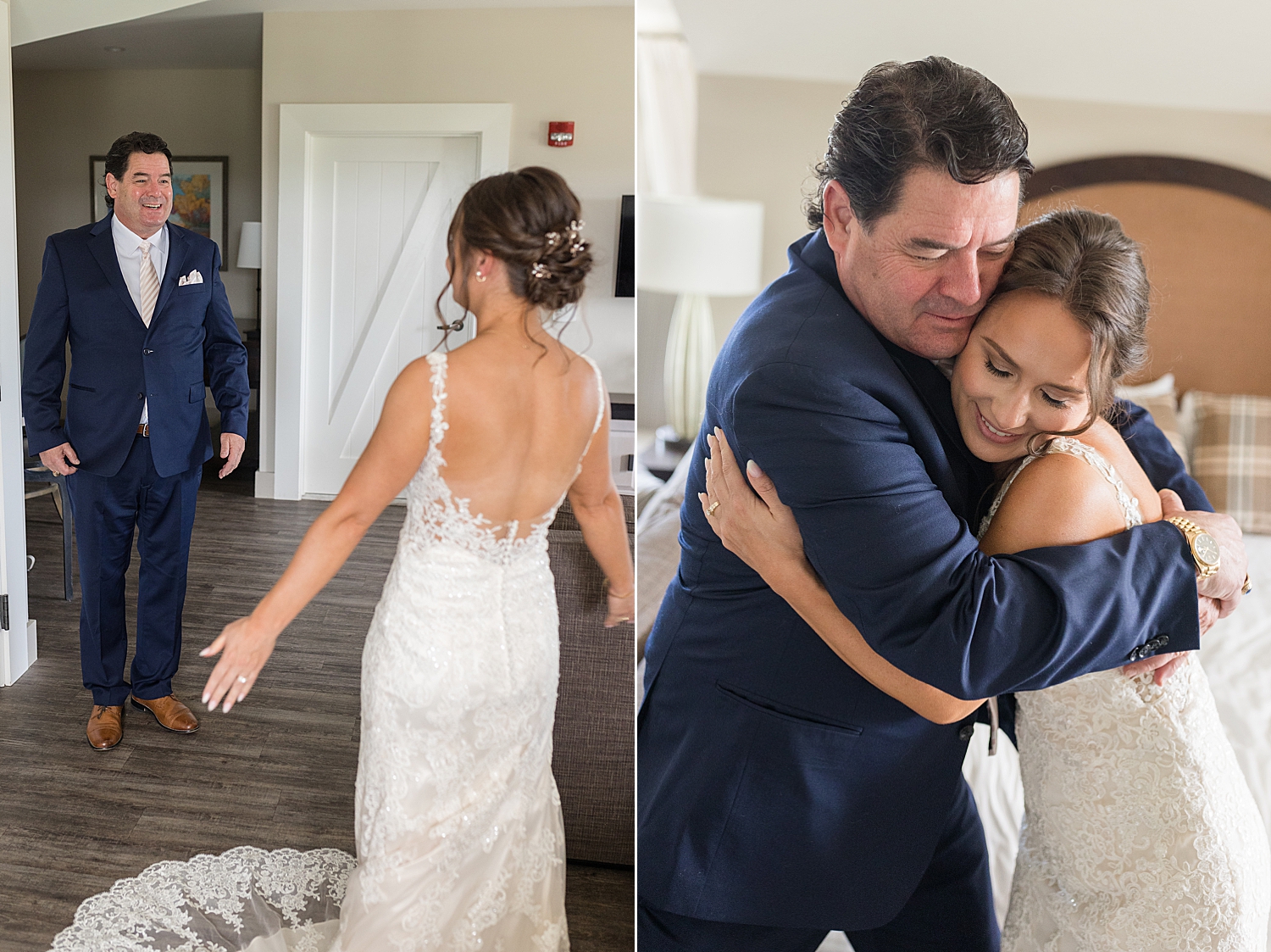 bride first look with dad, hug