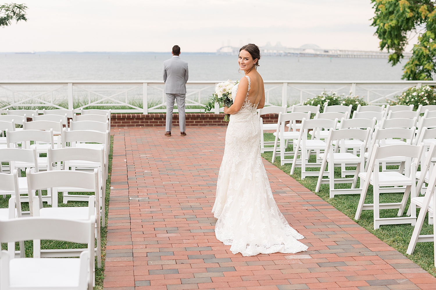 bride walking toward groom for first look