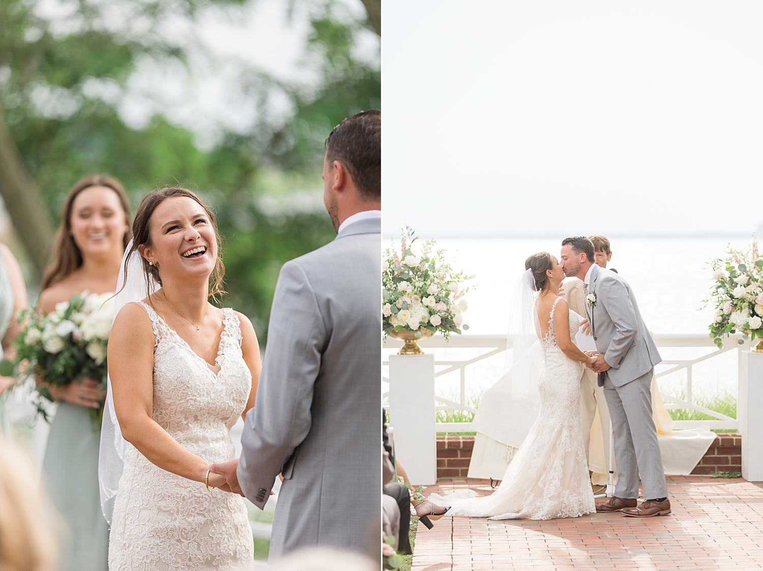 bride and groom first kiss