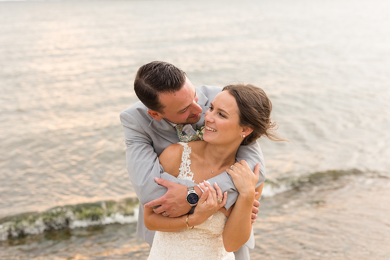 waterfront beach couple portrait embrace