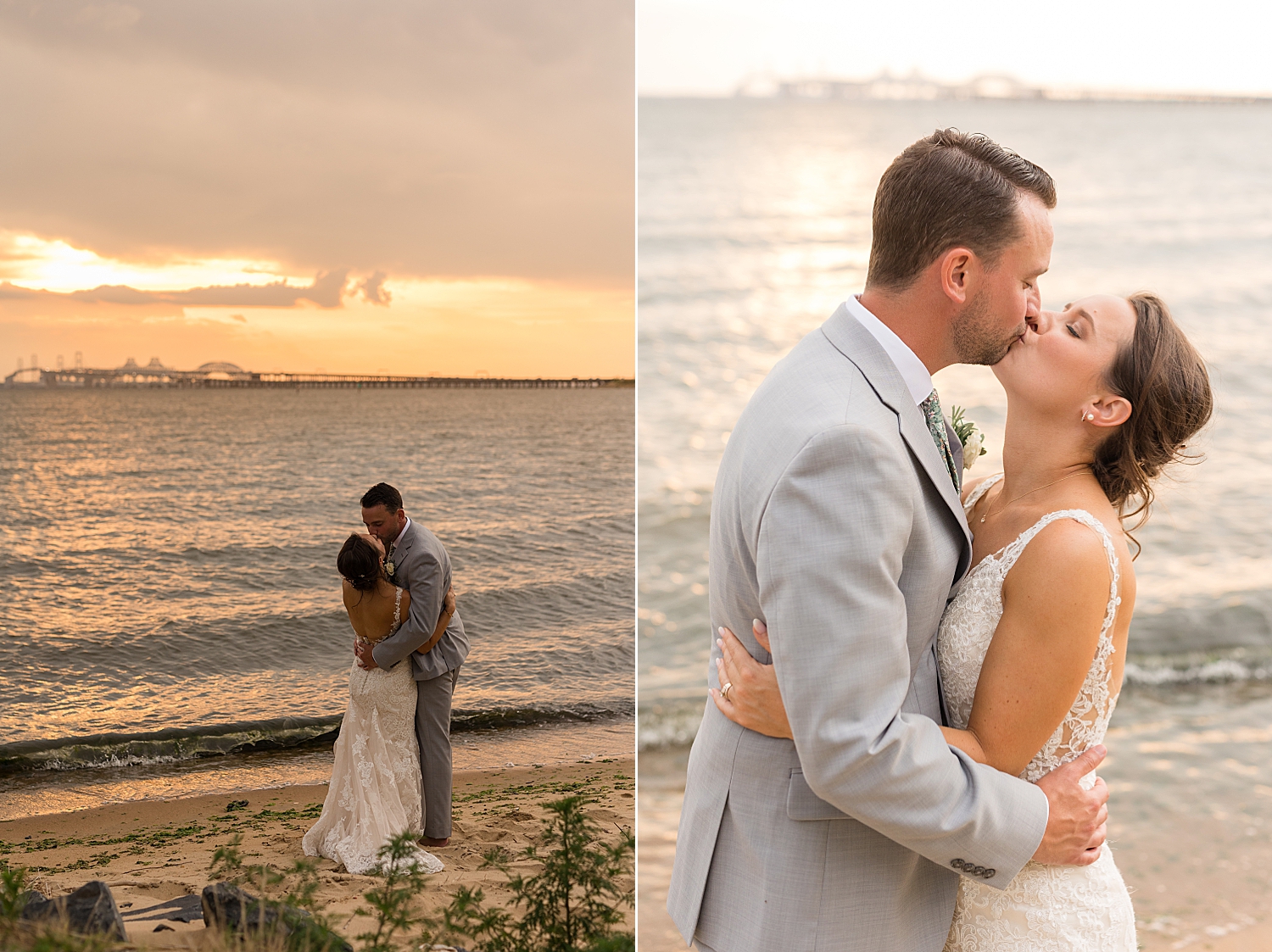 waterfront beach couple portrait kiss sunset