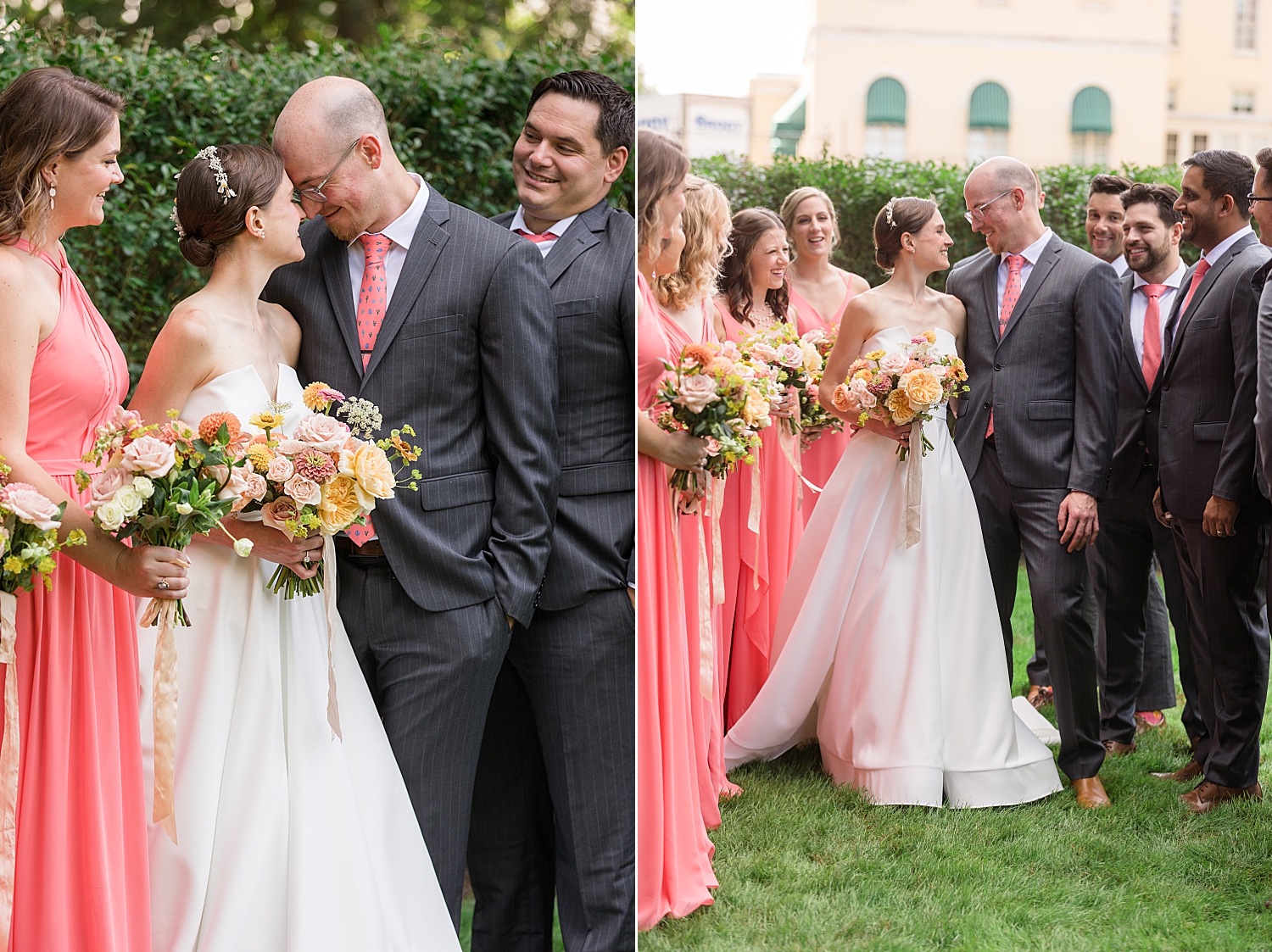 wedding party with bride and groom