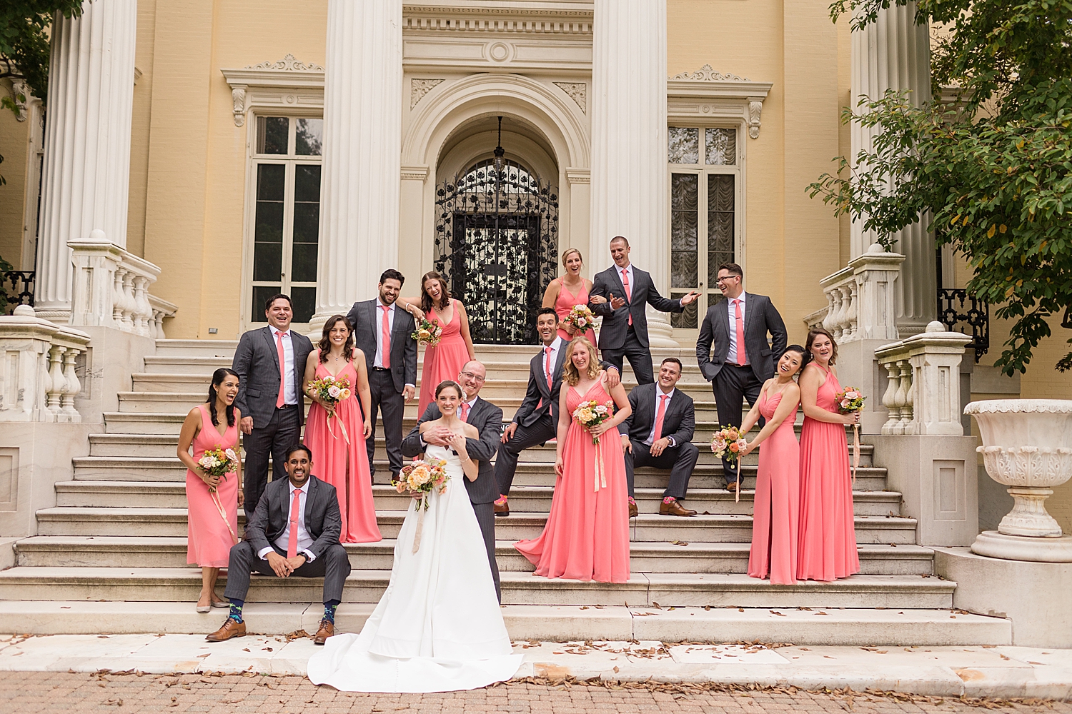 wedding party on stairs