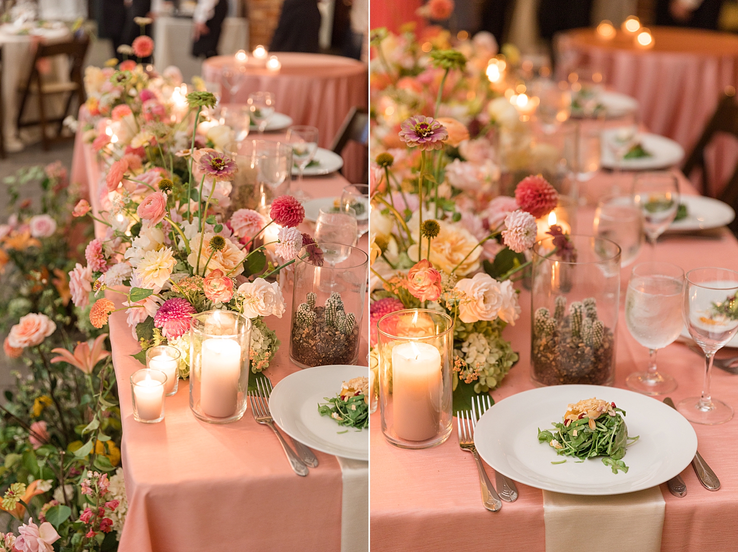 coral tablescape wedding reception