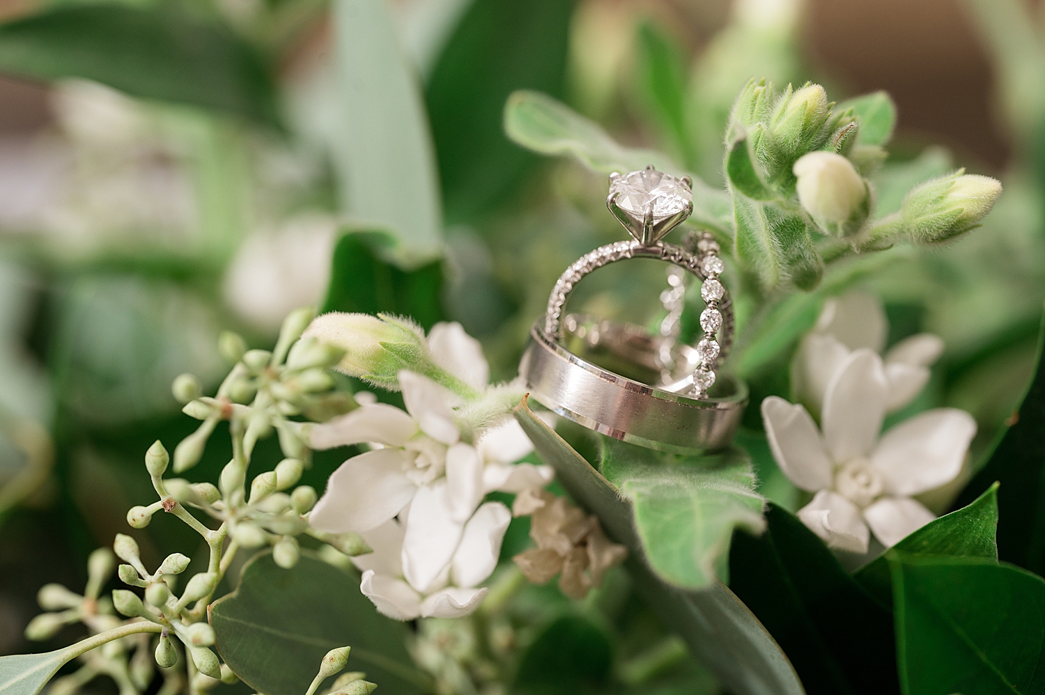 rings on greenery in bouquet