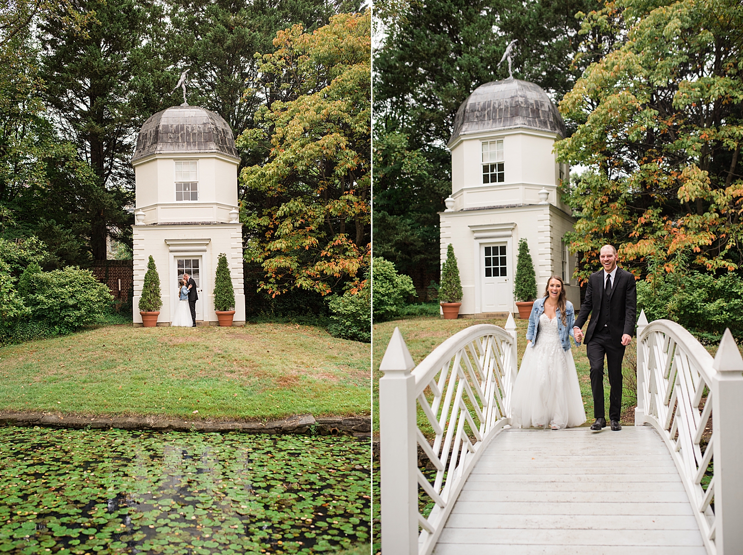 bride and groom portrait on bridge at paca house