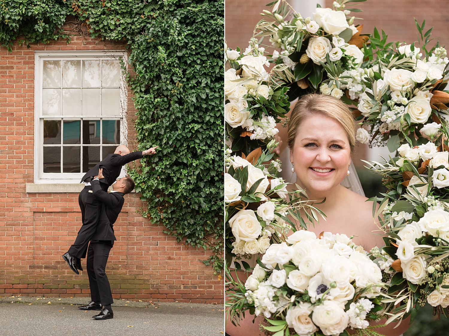 silly groom portrait with groomsman, white bouquets surrounding bride's face