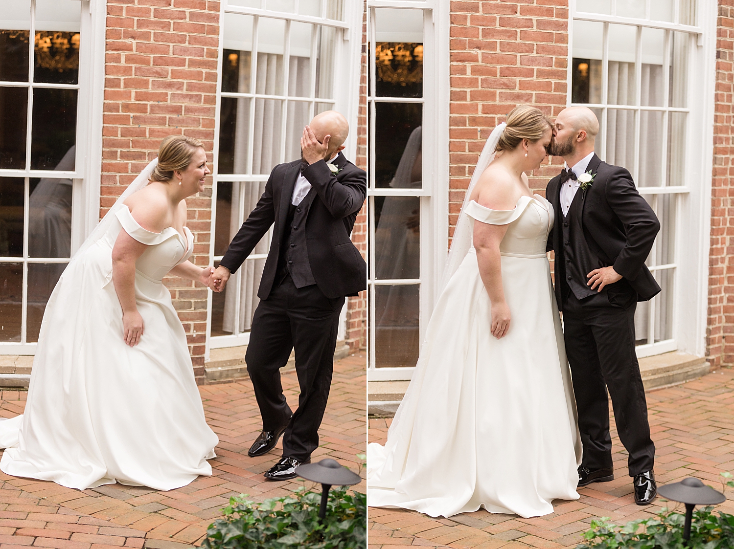 bride and groom laughing together, kissing