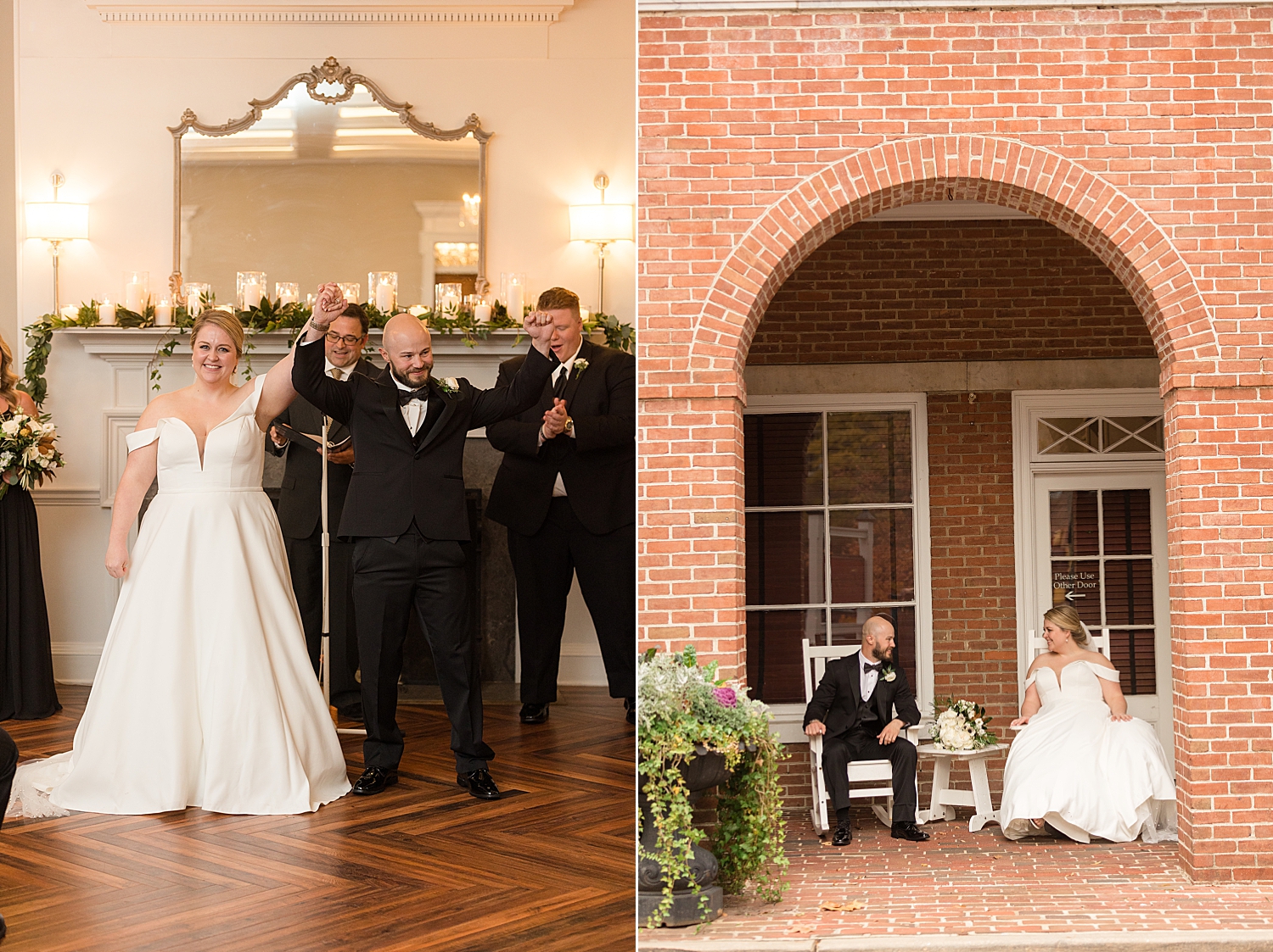 bride and groom celebrate brick arch