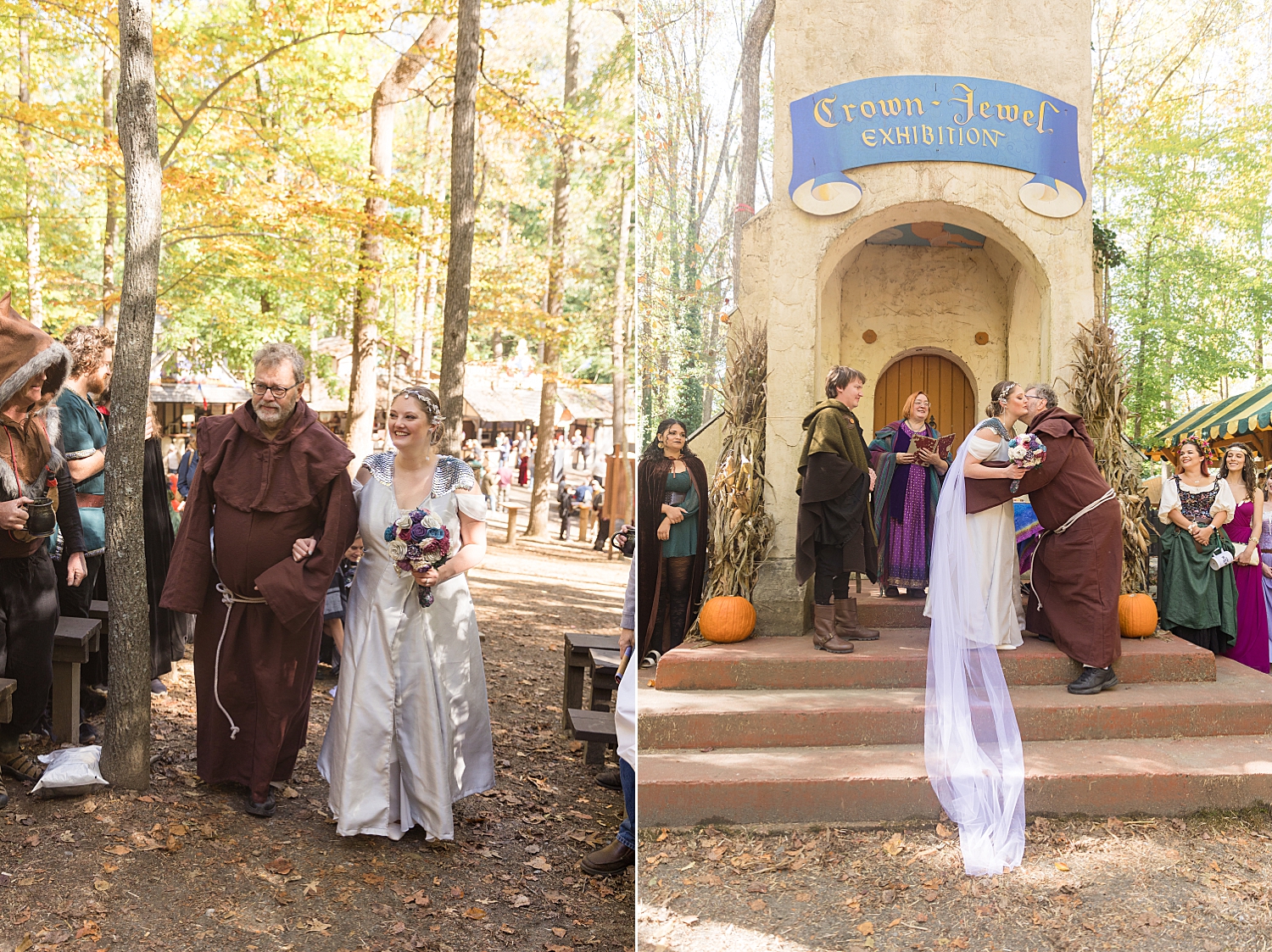 bride walked down aisle by father in medieval garb