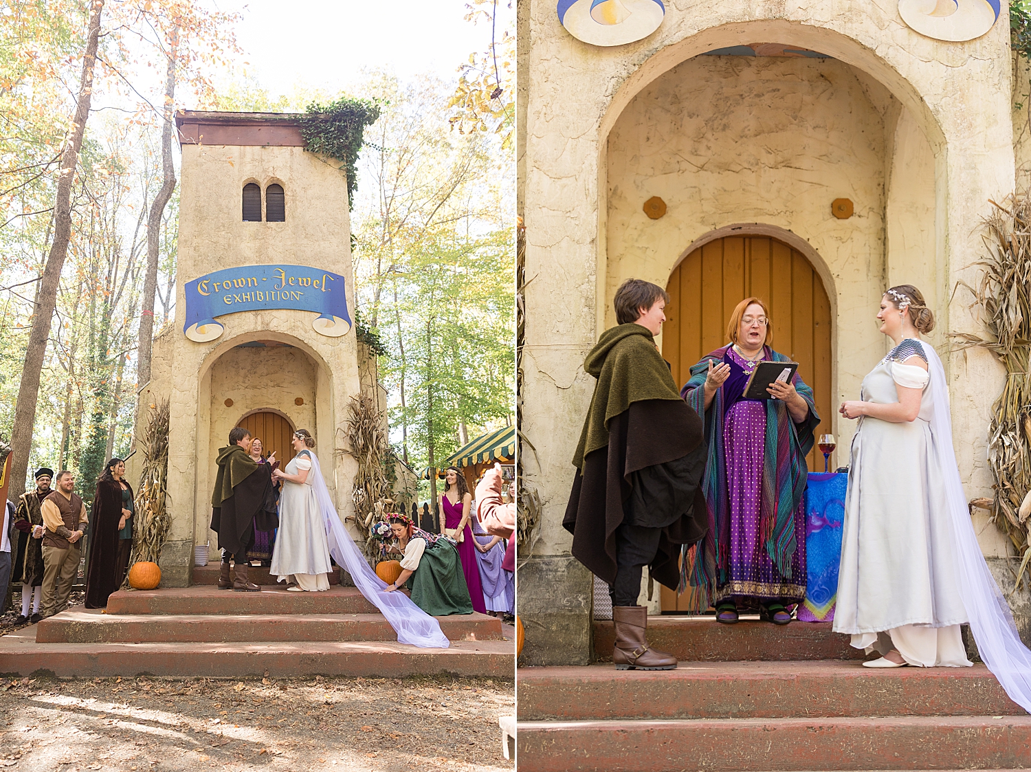 bride and groom get married on steps at maryland renaissance festival