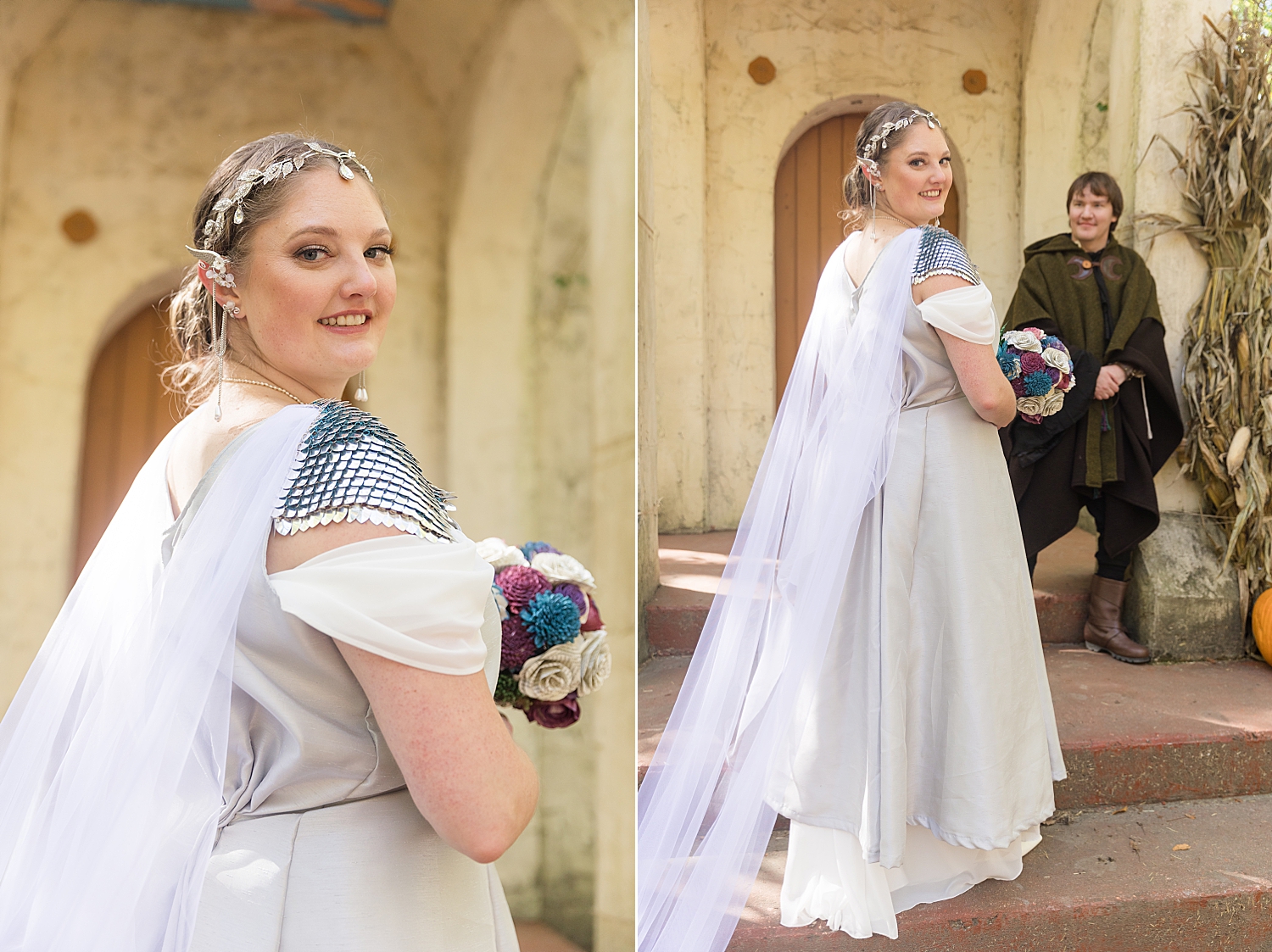 bridal portrait on stairs at maryland renaissance festival