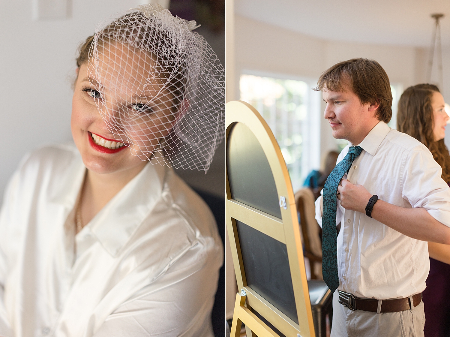 bride and groom getting ready for reception