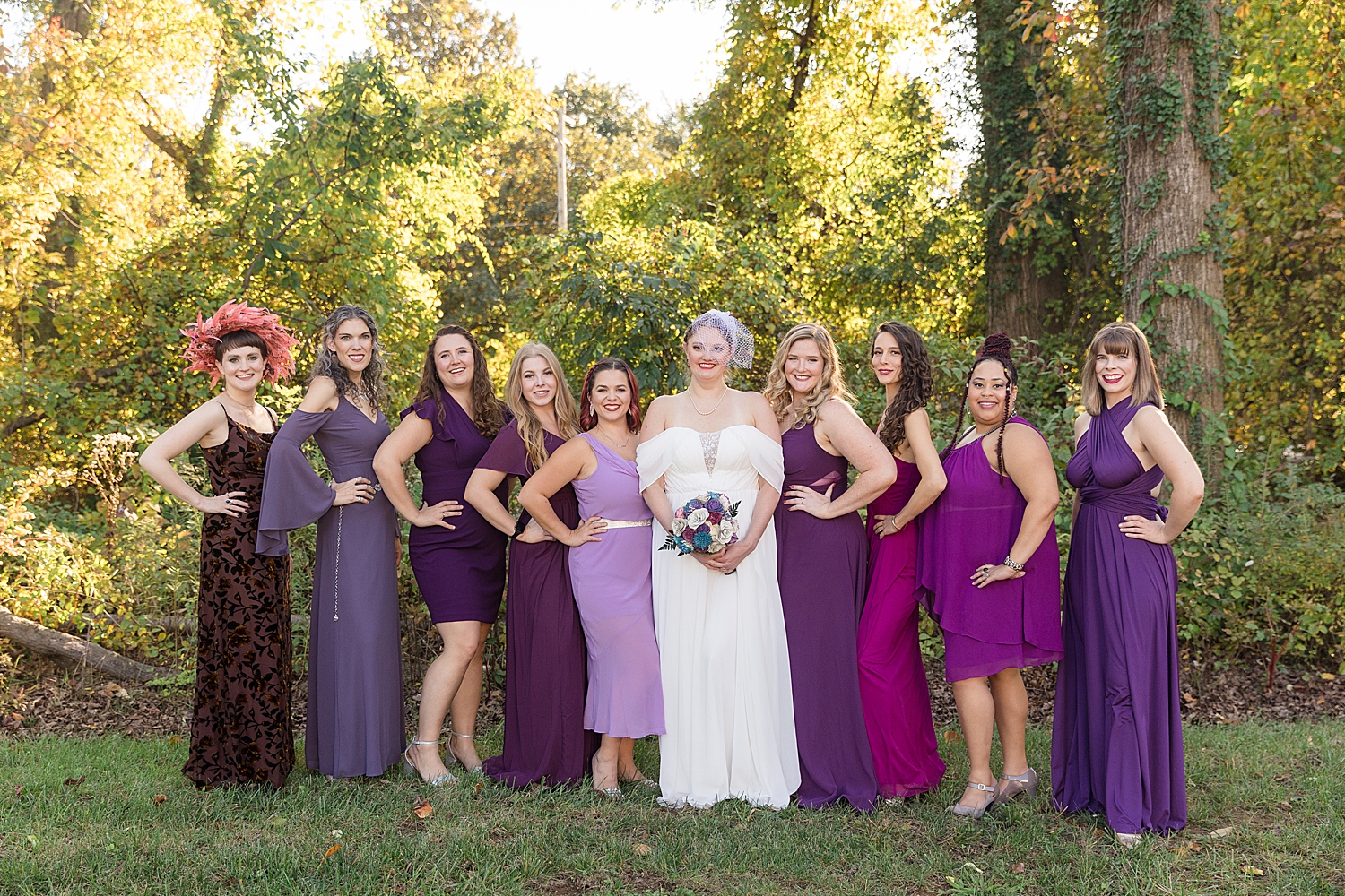 bride's party in shades of purple