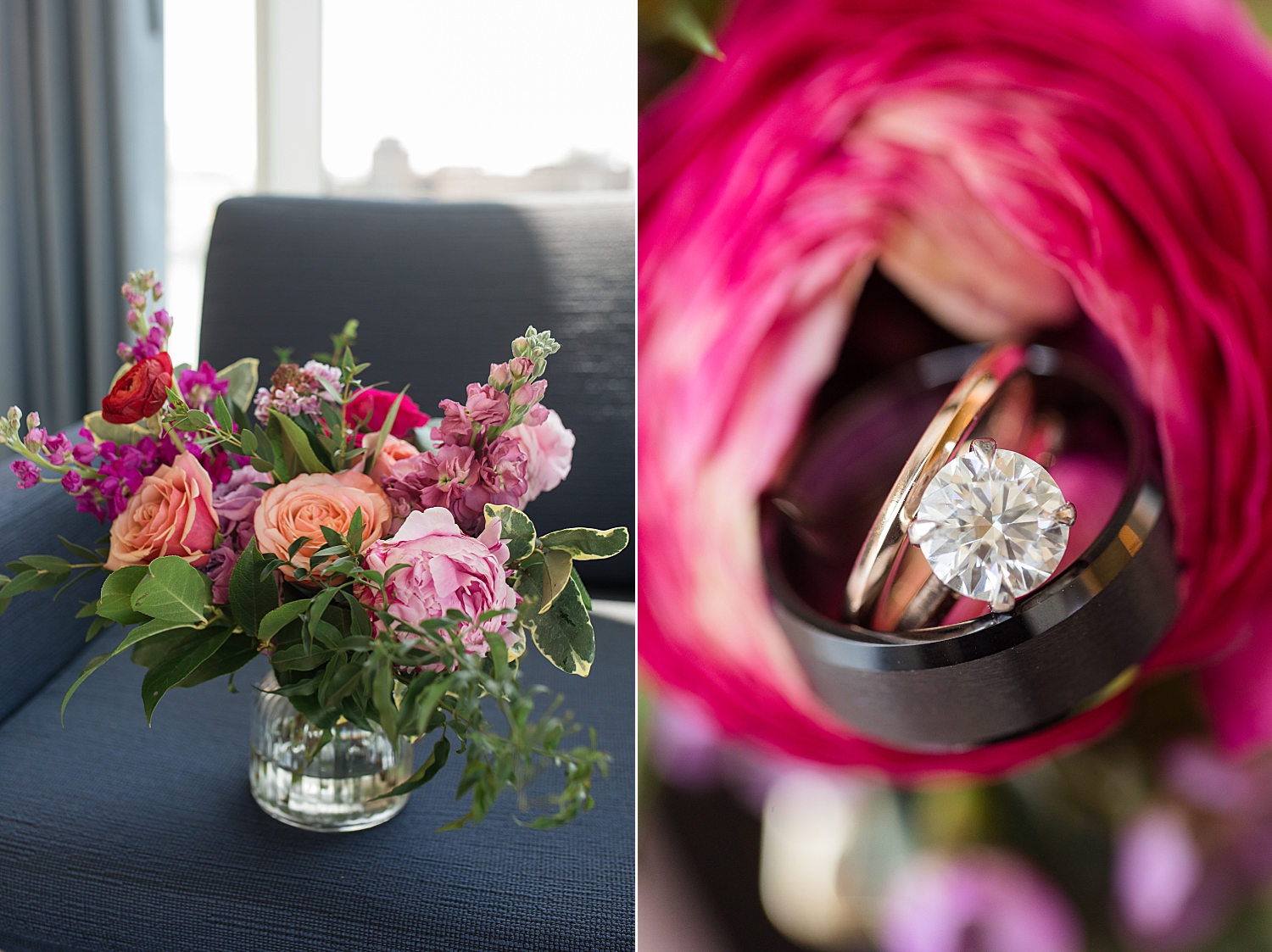 pink and purple bouquet, wedding rings