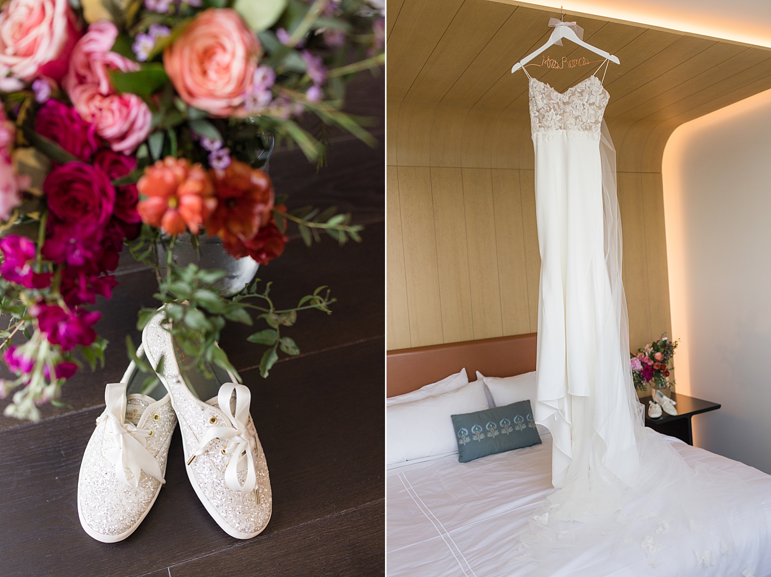 pink and purple wedding bouquet with bride's shoes, wedding dress hanging in hotel room