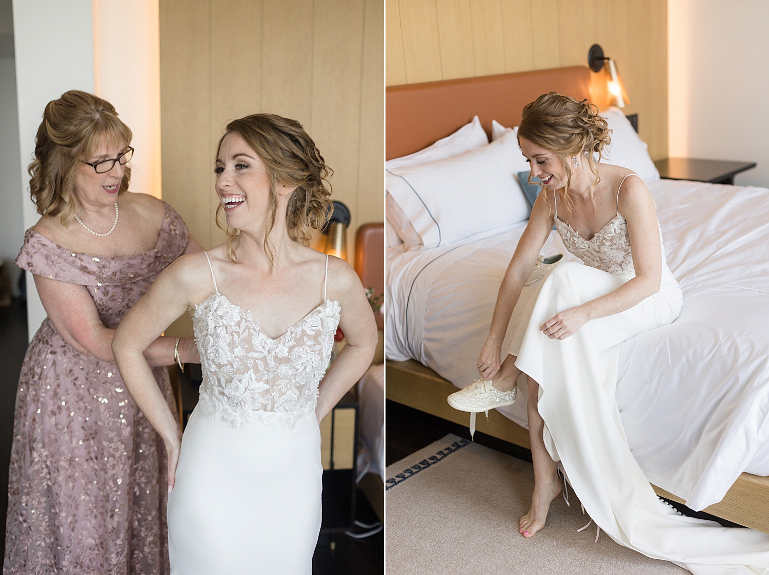 bride's mom zips her into dress, bride puts sparkly sneakers on