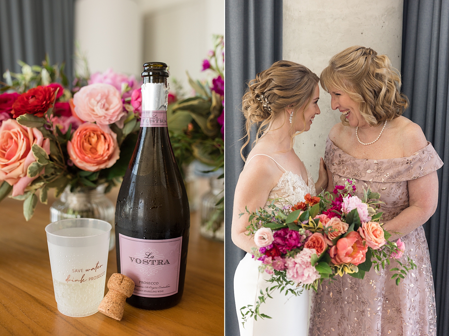 bride and her mom smile at each other, bottle of champagne with colorful florals