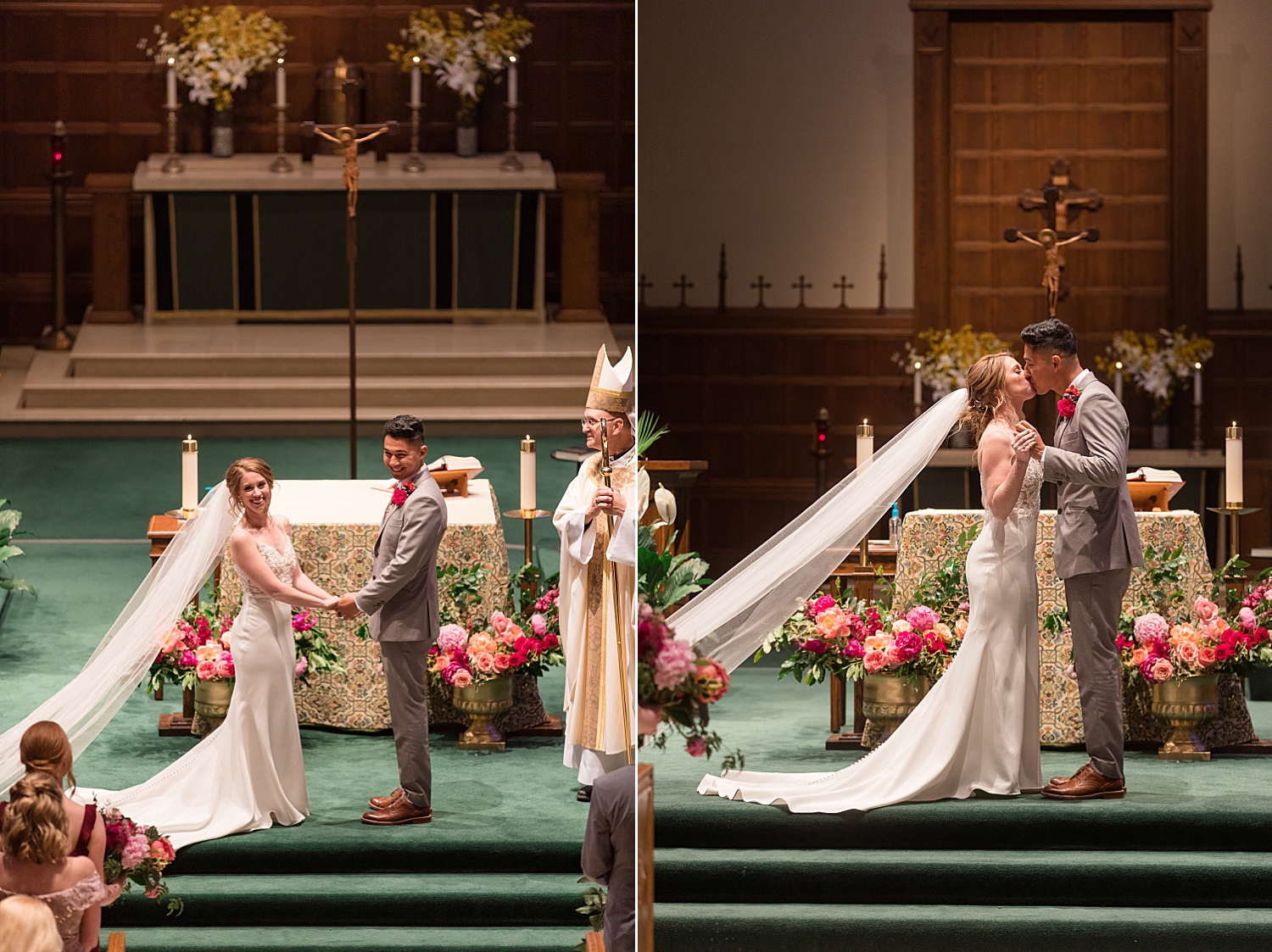 bride and groom first kiss in loyola chapel ceremony