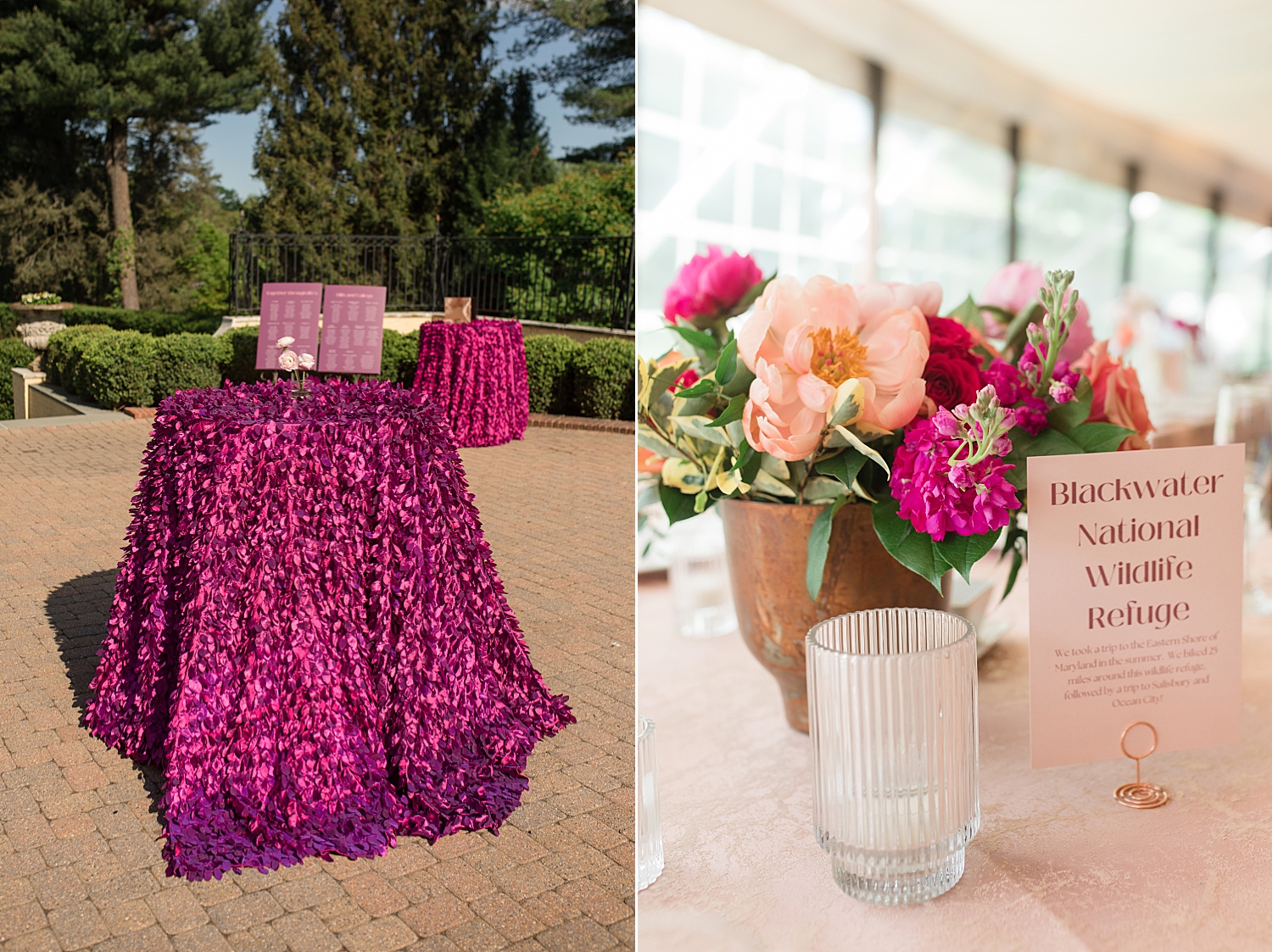 cocktail hour details, purple textured tablecloth