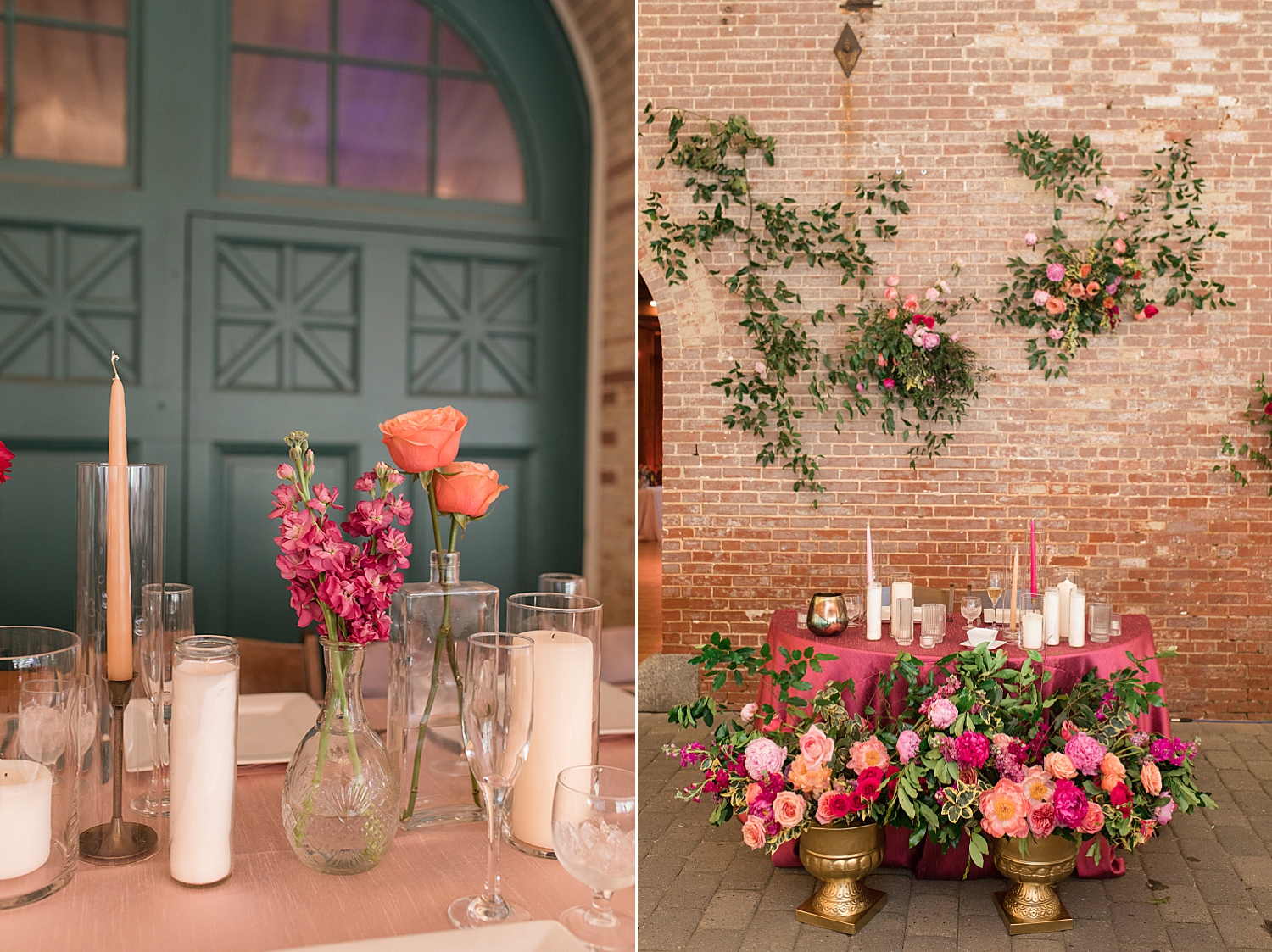 reception details colorful florals and greenery