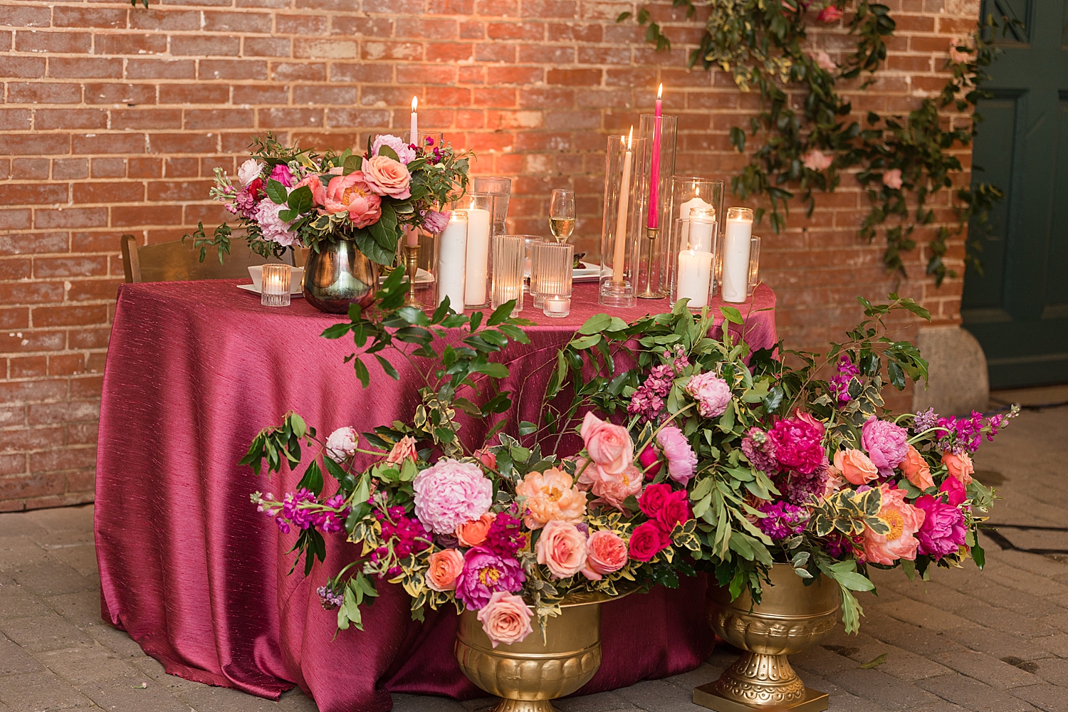 sweetheart table, plum and pink florals