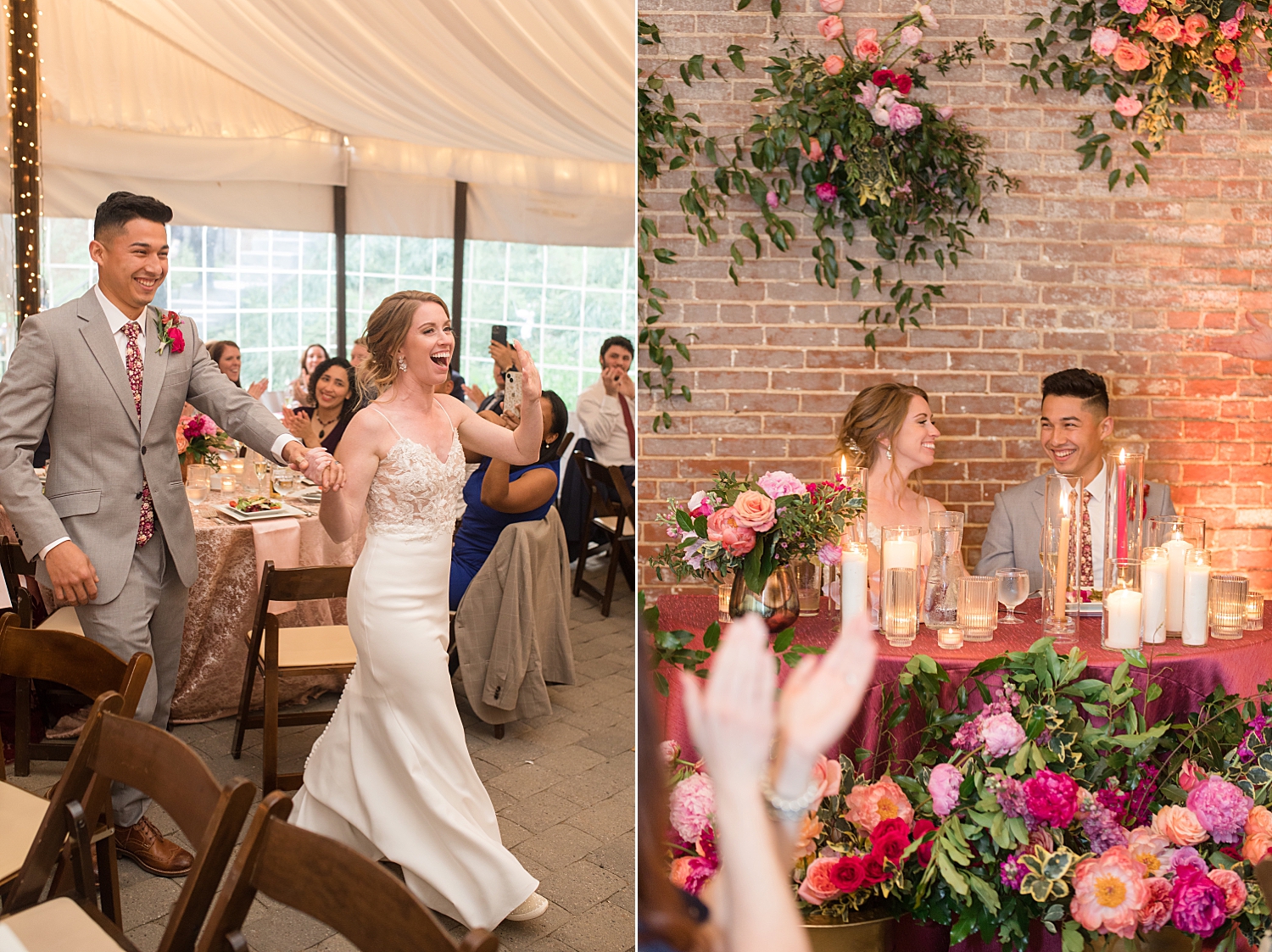 bride and groom enter reception, sit at sweetheart table