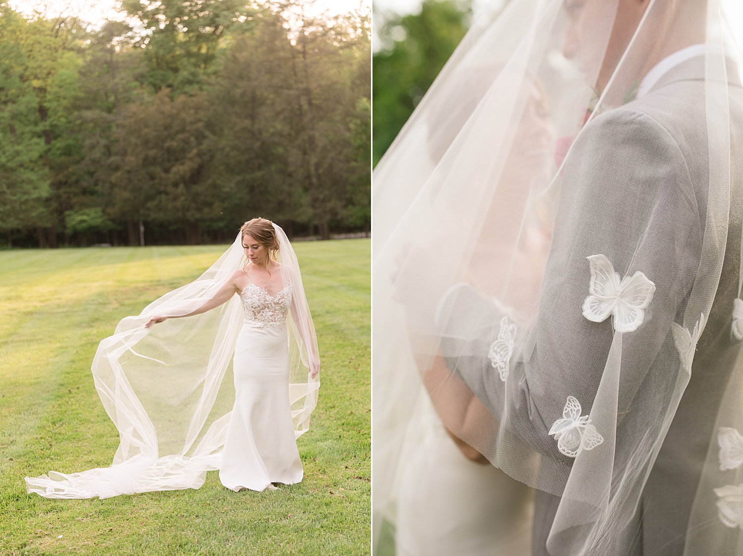 bride and groom portrait under veil with butterfly details in lace