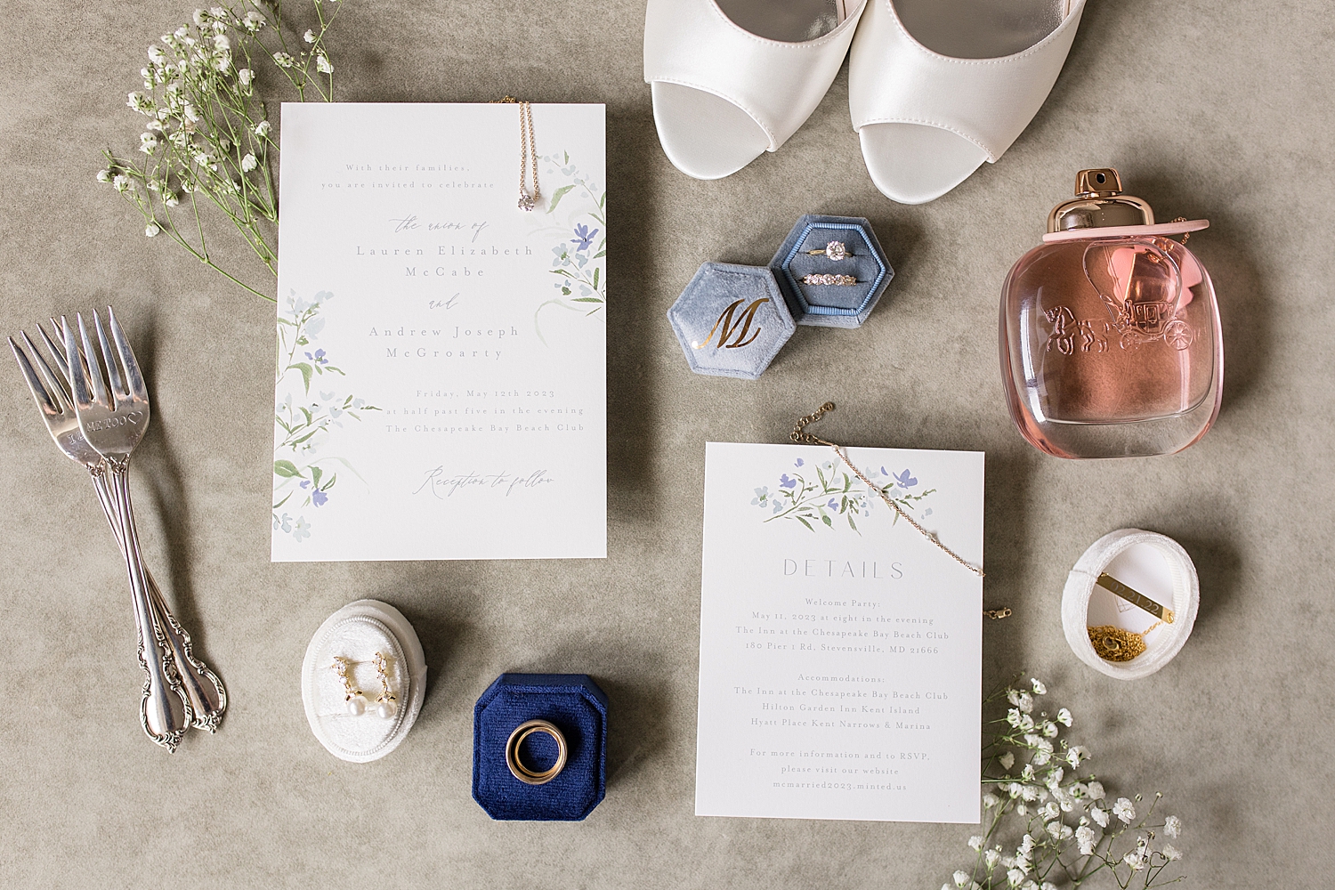 wedding flat lay white and dusty blue