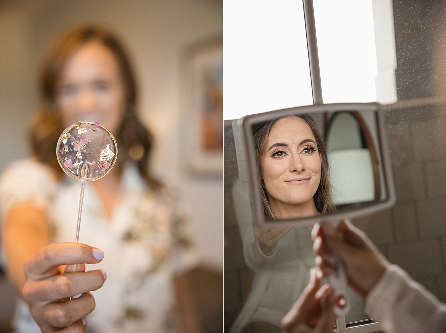 clear confetti lollipop, bride smiles in mirror