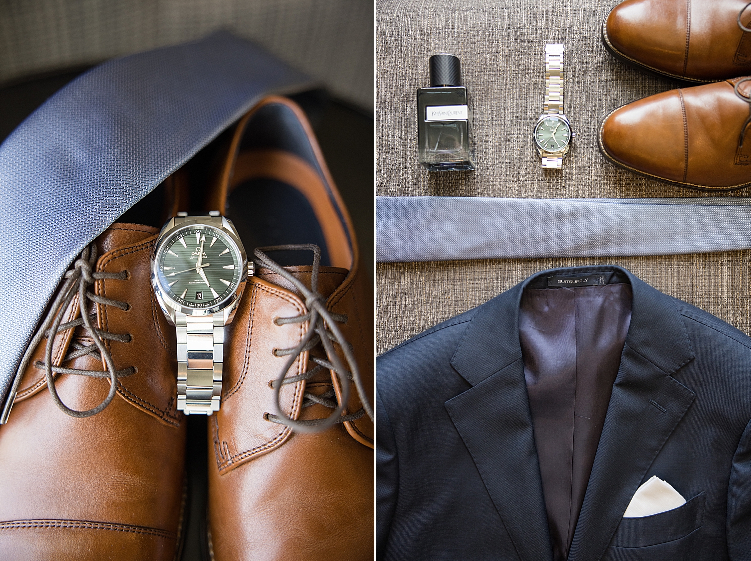 groom's details shoes, watch, tie, cologne