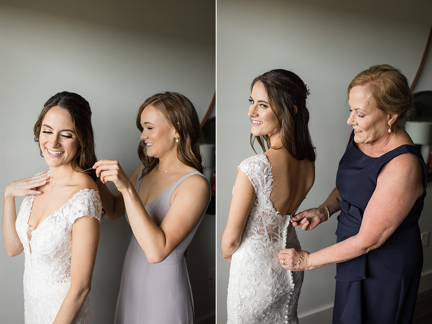 bride gets dressed with bridesmaids' help