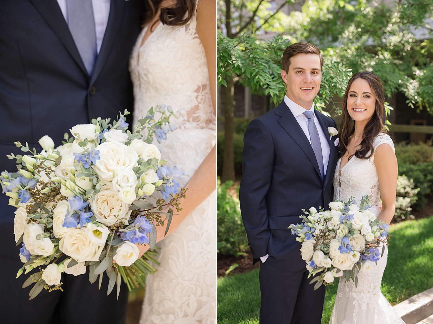 couple portrait in chesapeake bay beach club inn courtyard, white and blue bouquet