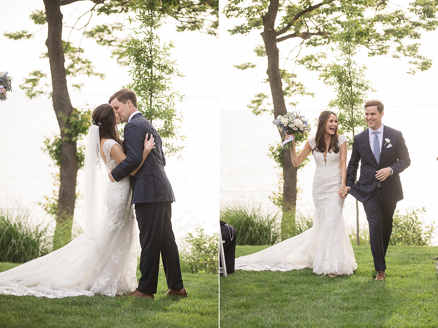 bride and groom share first kiss, recess