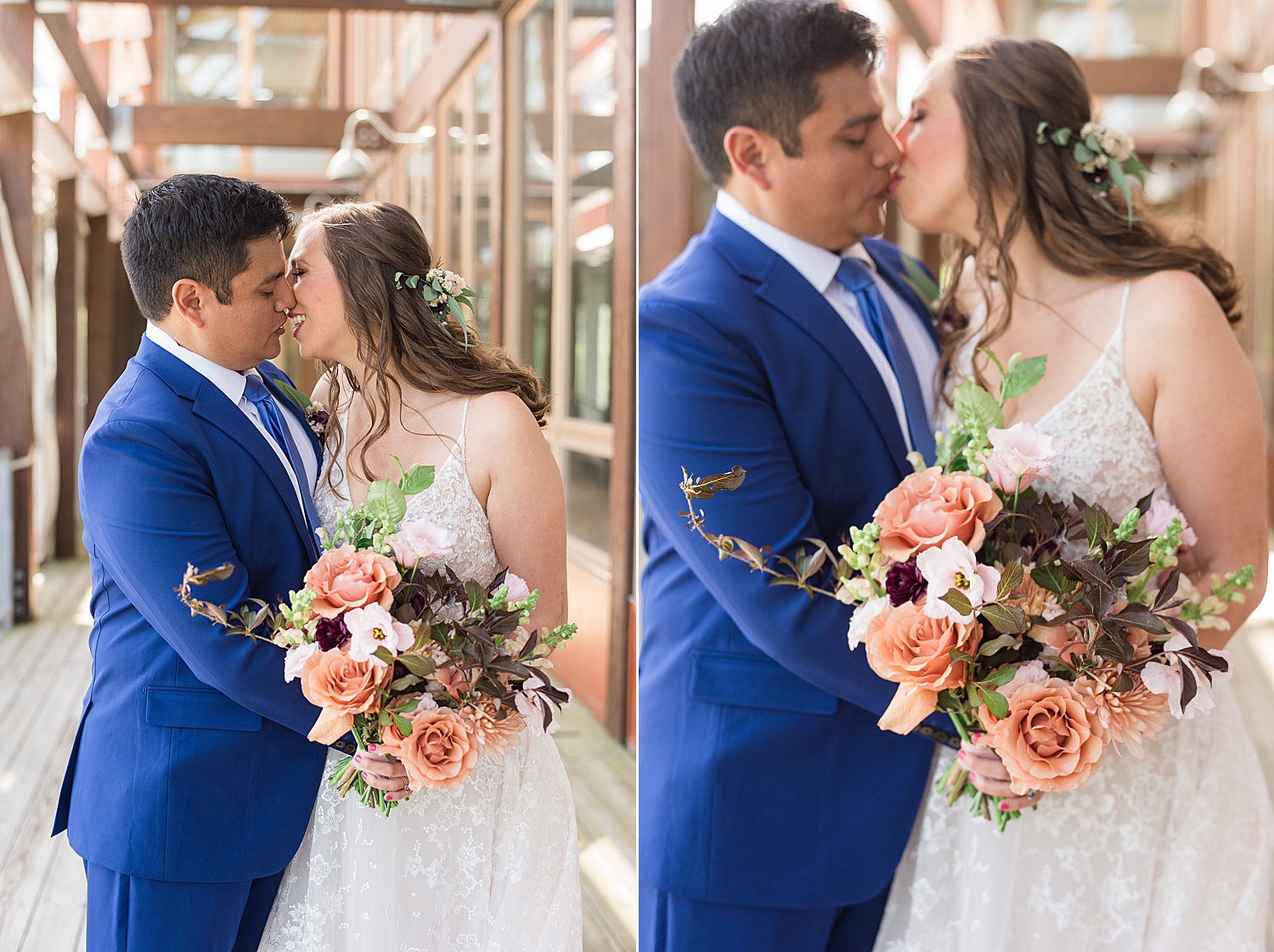 bride and groom kiss with peachy bridal bouquet