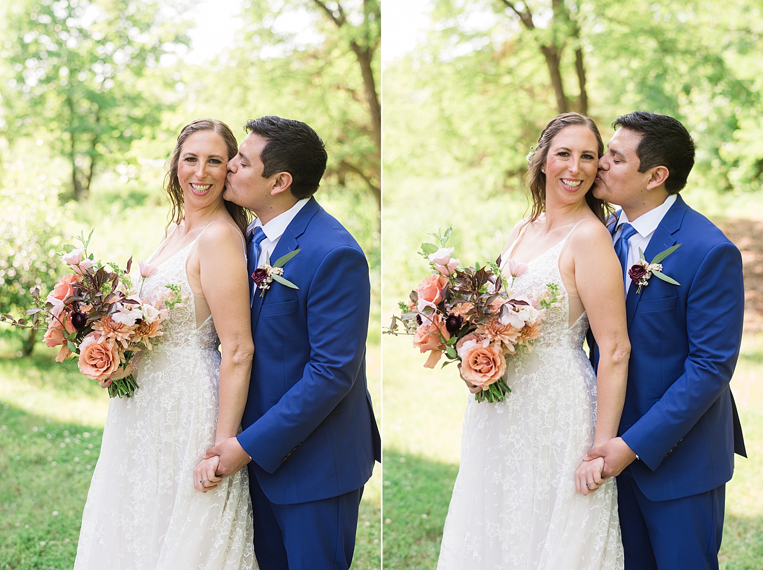 portrait in grass, groom kisses bride's cheek