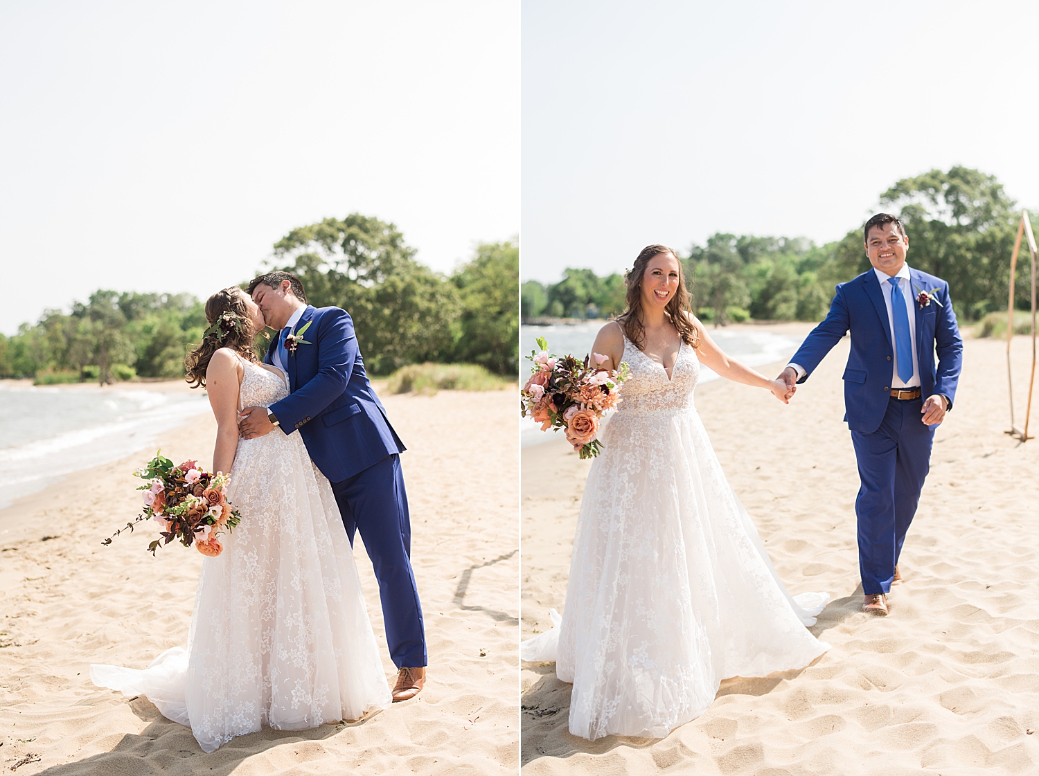 bride and groom walking hand in hand along beach