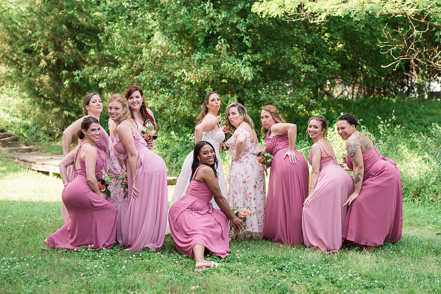 bride's party in pink dresses goofy