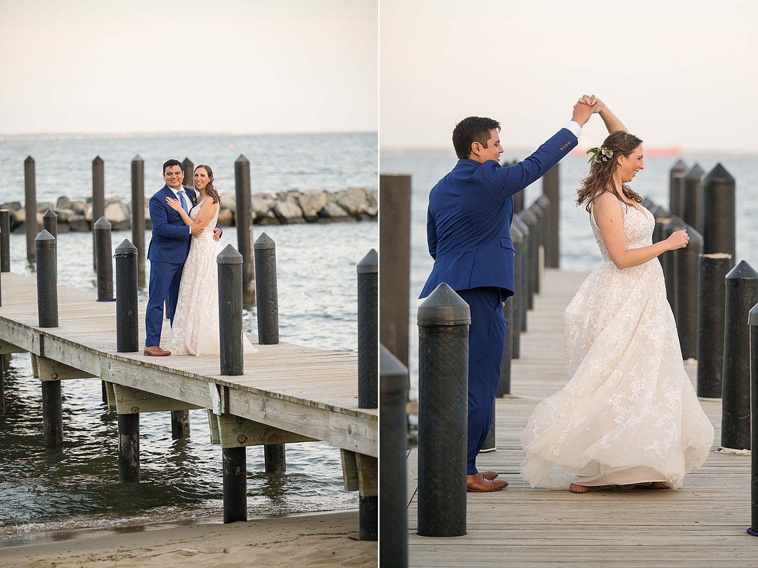 bride and groom on pier, spin