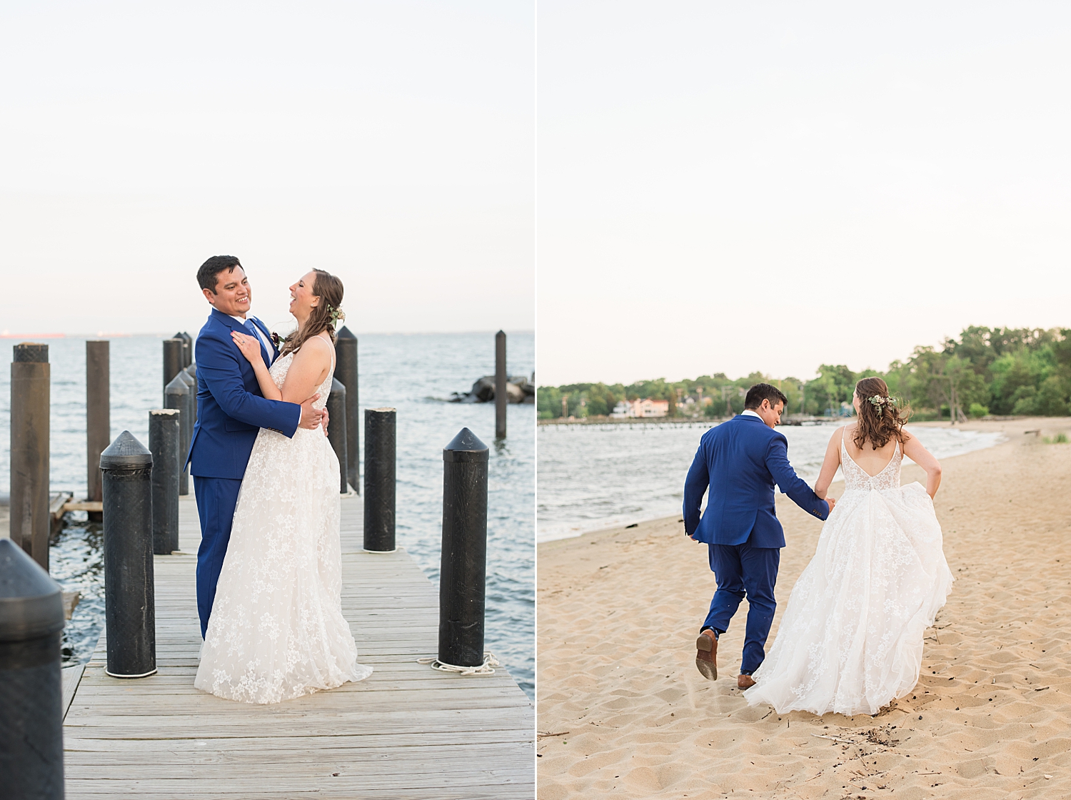 bride and groom embrace on pier, run on beach