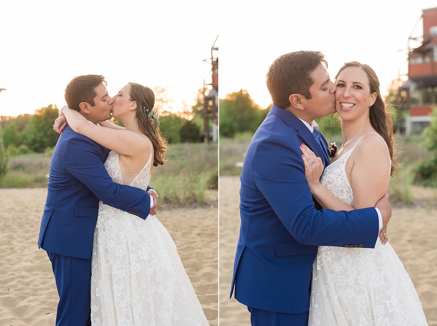 bride and groom kiss on beach