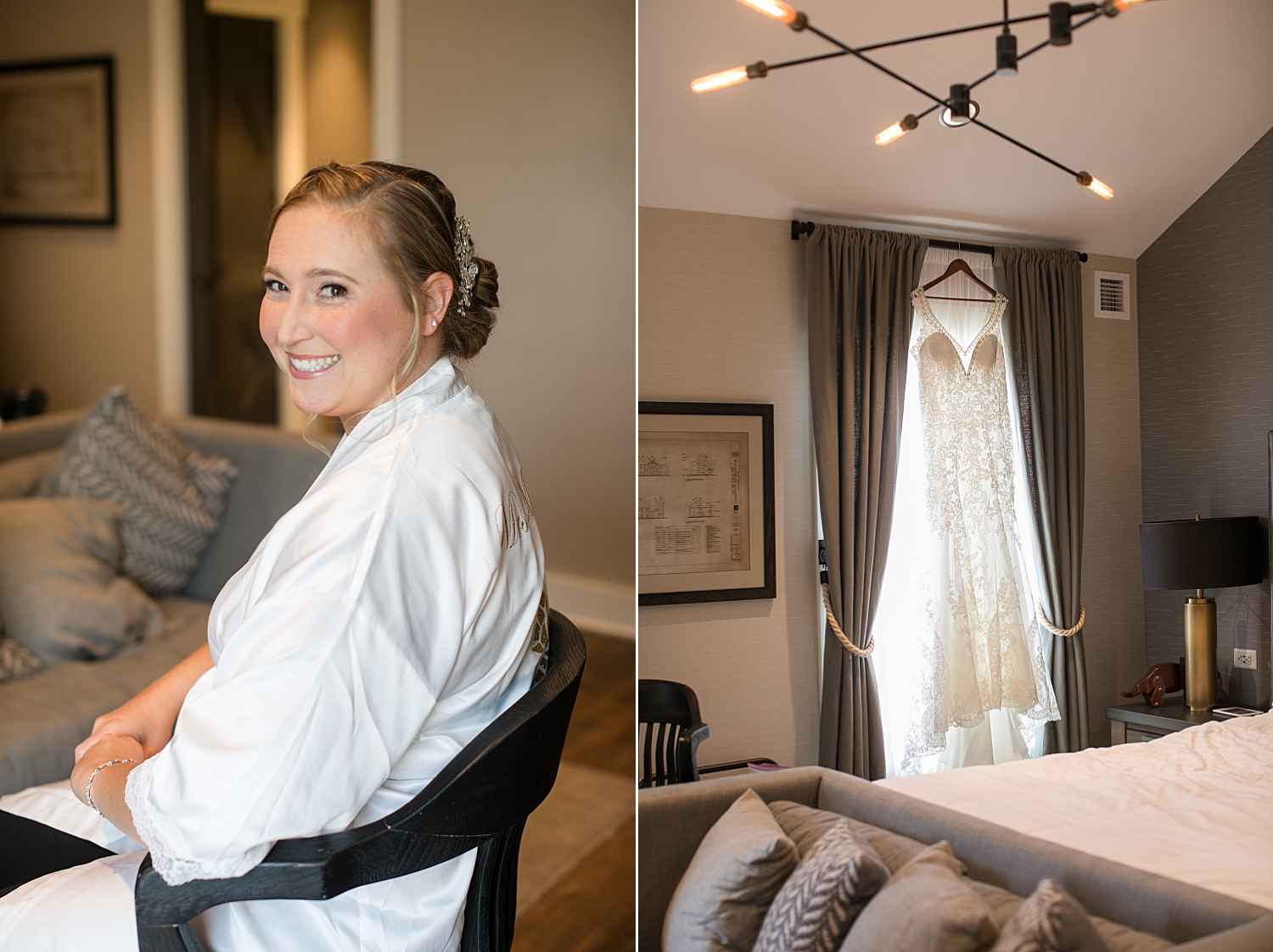 bride getting ready robe, hanging gown