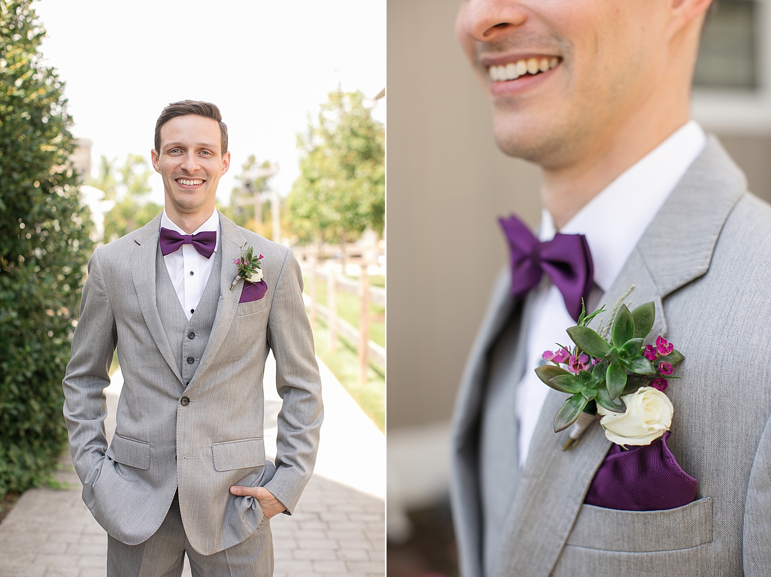 groom details portrait, gray suit, purple tie